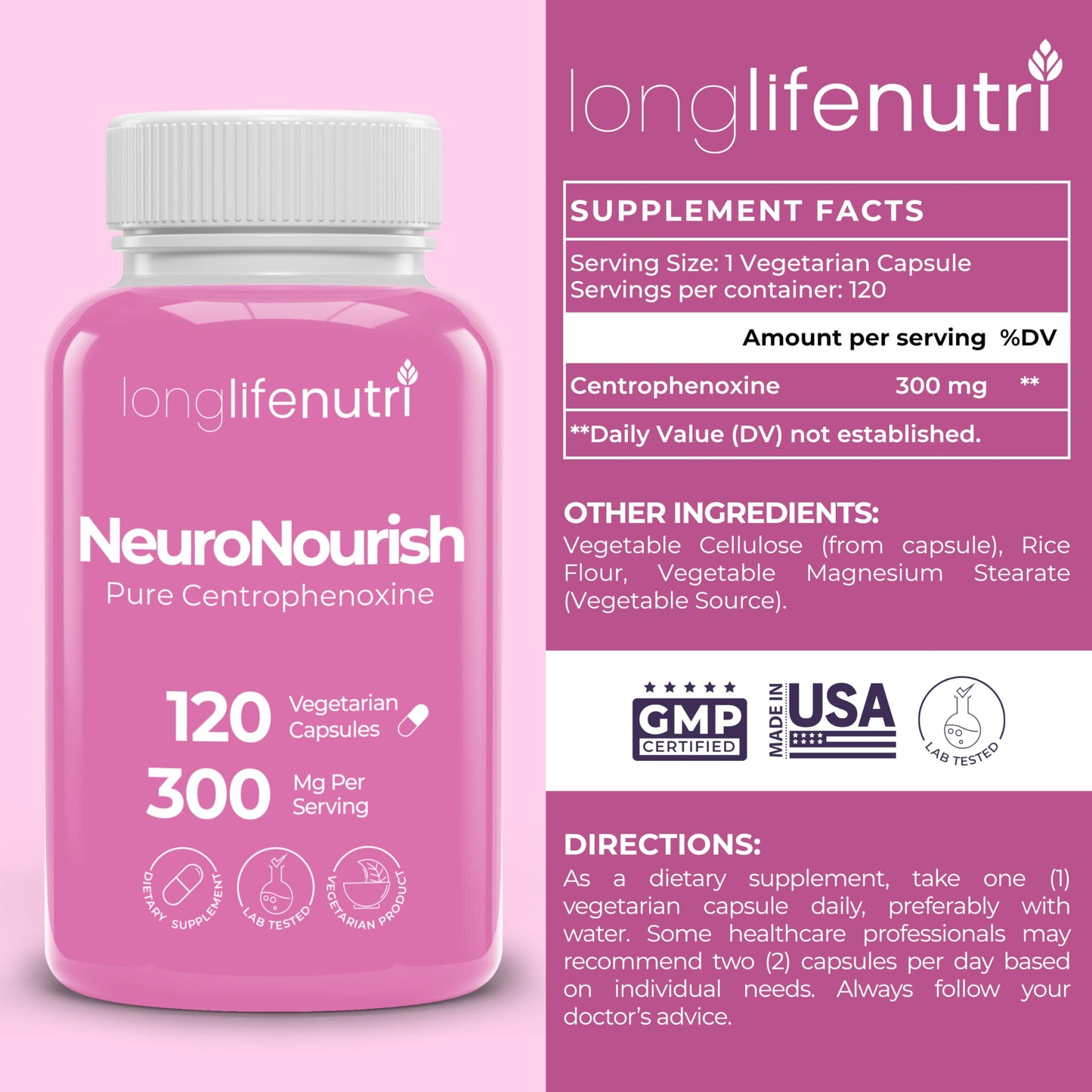 LongLifeNutri Centrophenoxine 300 mg & NeuroPEA 800 mg + Luteolin 100 mg Bundle Veg Capsules, 300 Count