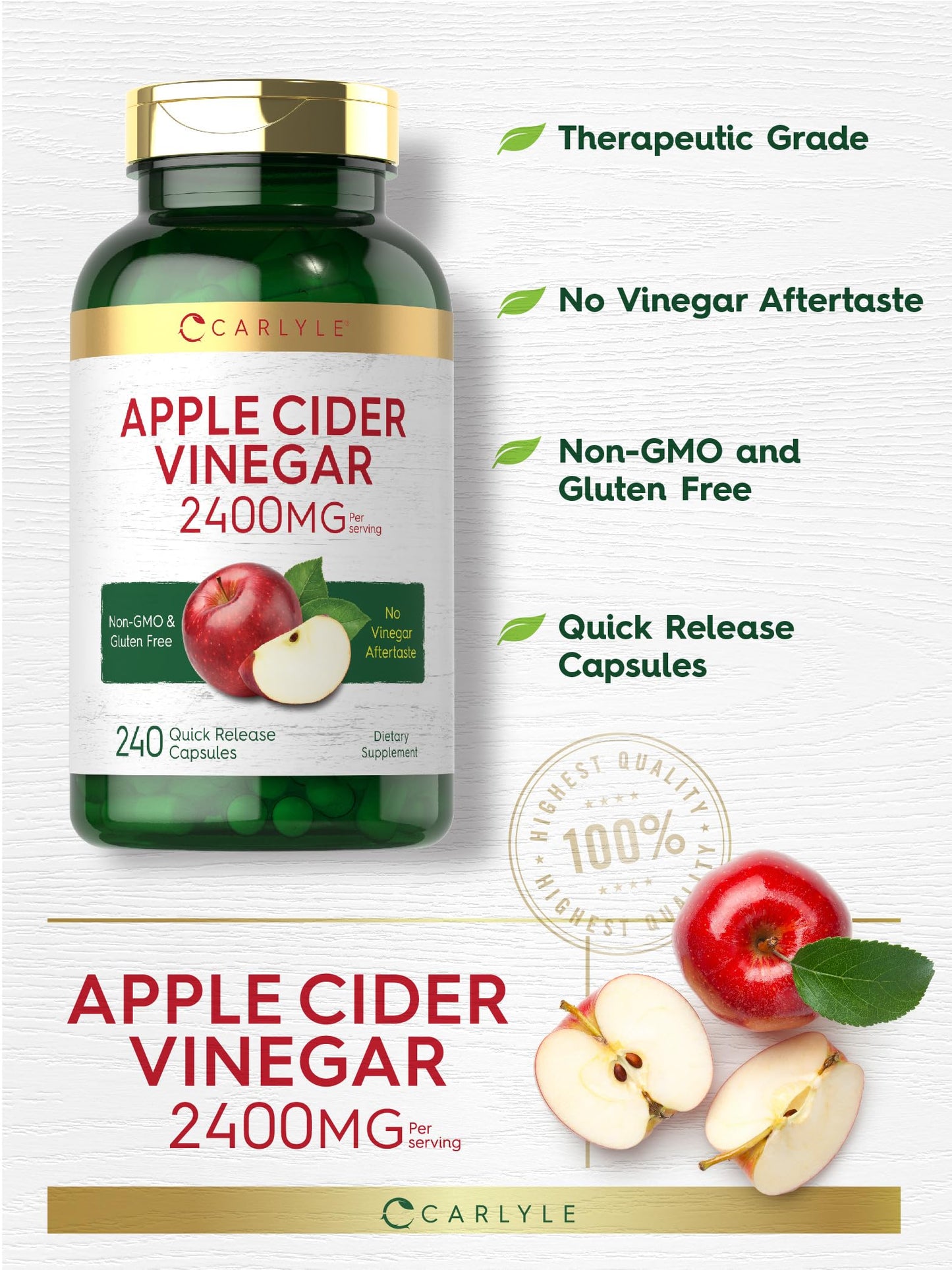 Carlyle Apple Cider Vinegar Capsules (2400mg), 240 Count, Non-GMO, Gluten Free