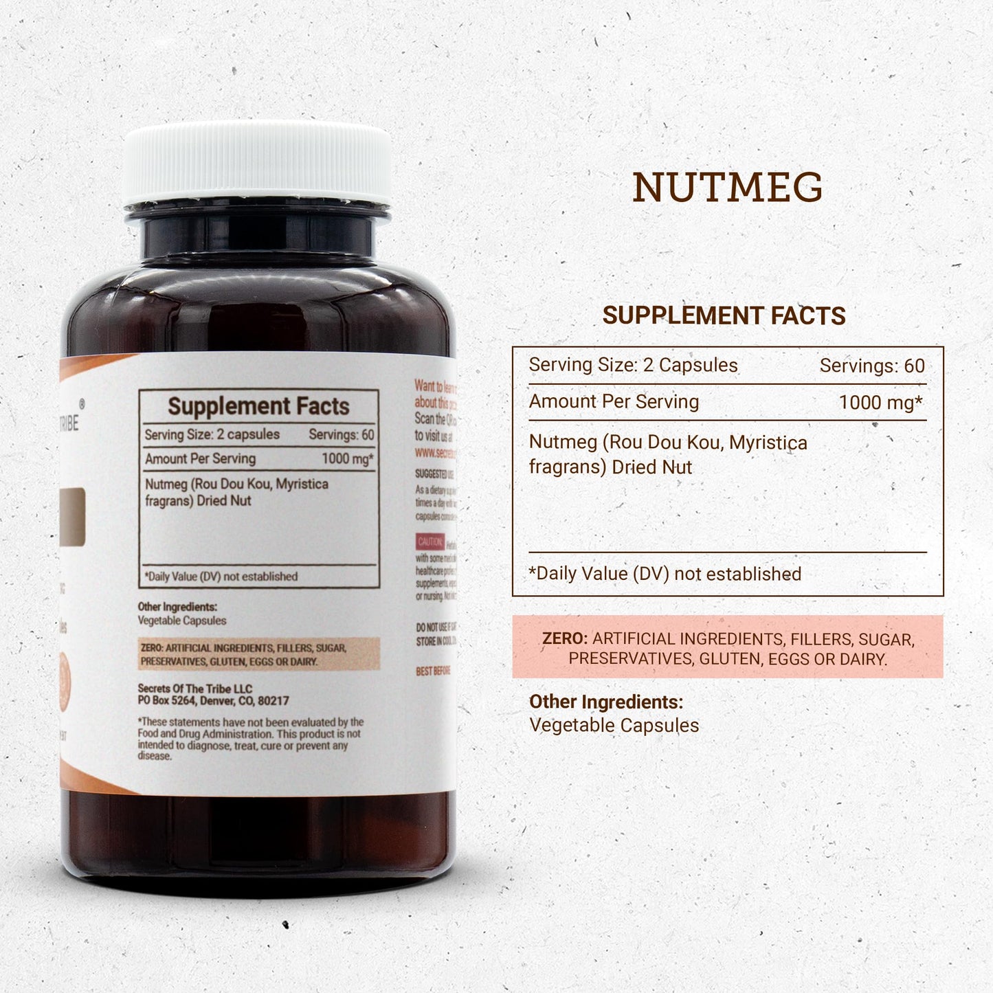 Secrets of the Tribe Nutmeg 1000 mg Capsules, 120 Count