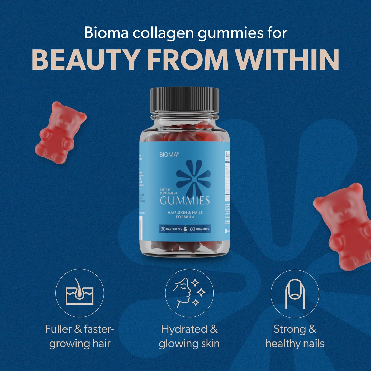 BIOMA Hair, Skin & Nails Beauty Gummies - Supports Growth & Strength with Biotin, Collagen, Zinc & Vitamins C & D - Gluten-Free, 60 Gummies