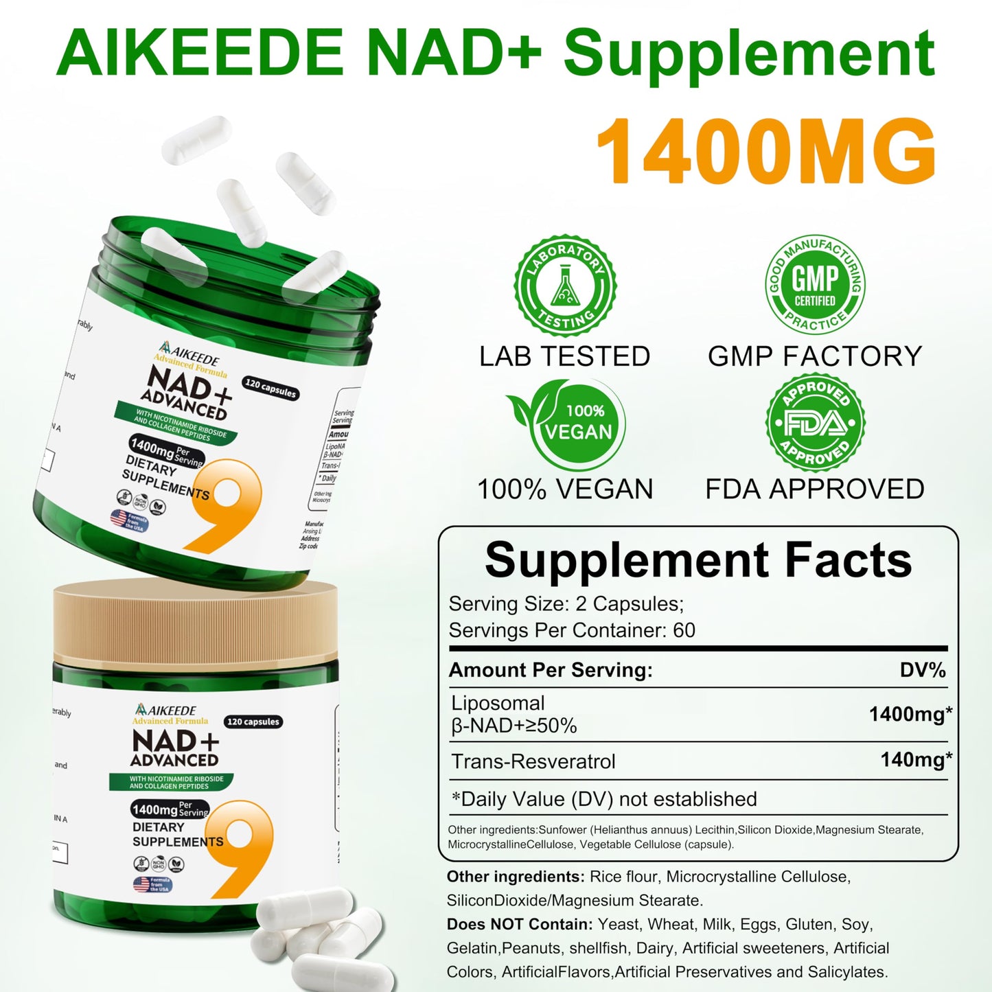 AIKEEDE NAD+ Liposomal with Resveratrol Capsules, 120 Count
