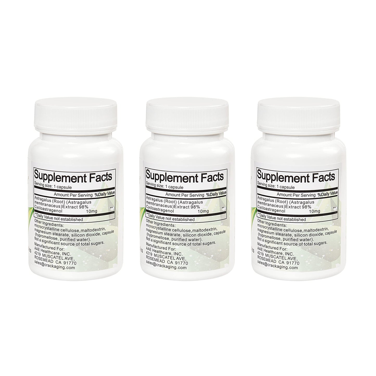 Crackaging Cycloastragenol 98% Immune Support Anti Aging Telomere Intestinal Absorption Supplement Capsules, 90 Capsules in 3 Bottles