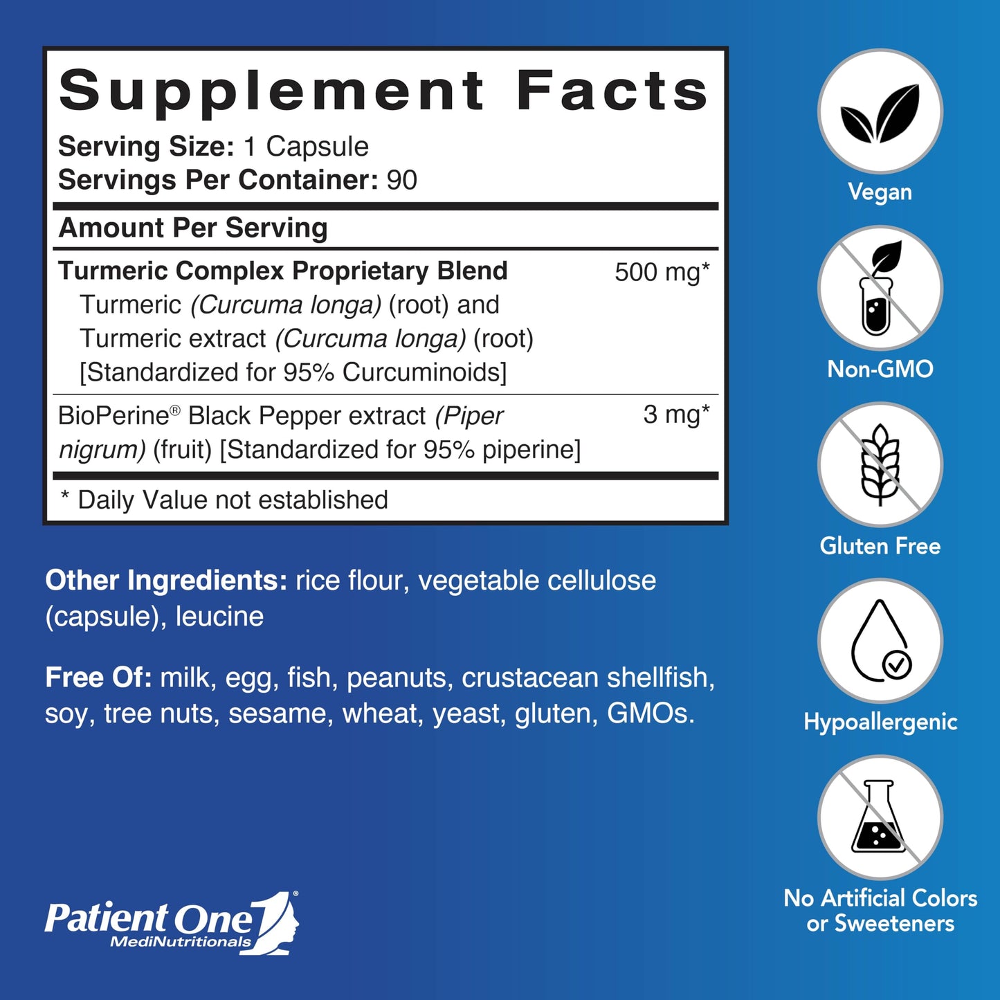 Patient One Turmeric Curcumin 500mg Supplement + Black Pepper Capsules, 90 Count
