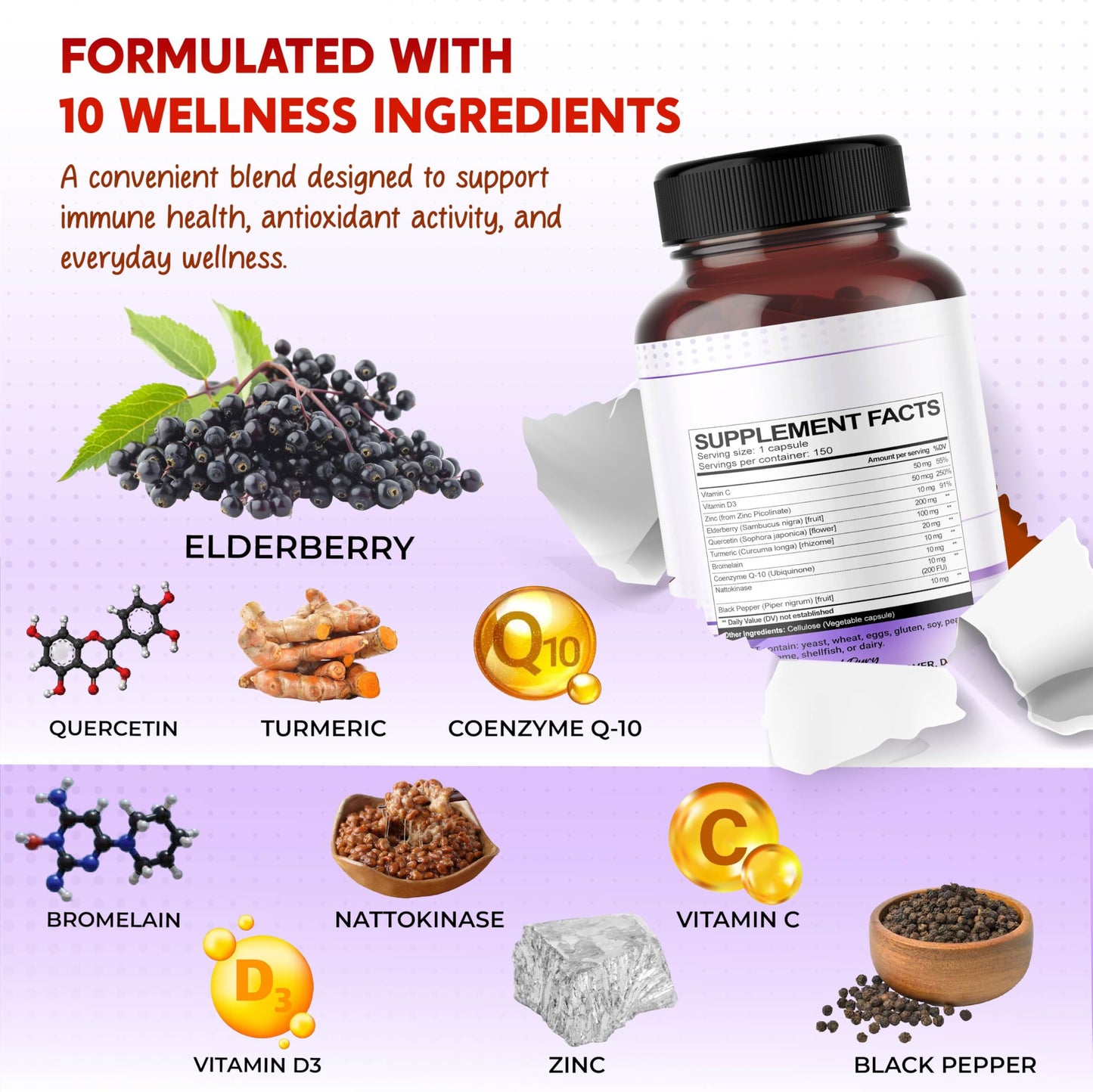PEAKPURY Elderberry Quercetin Turmeric Zinc Capsule, 150 Count