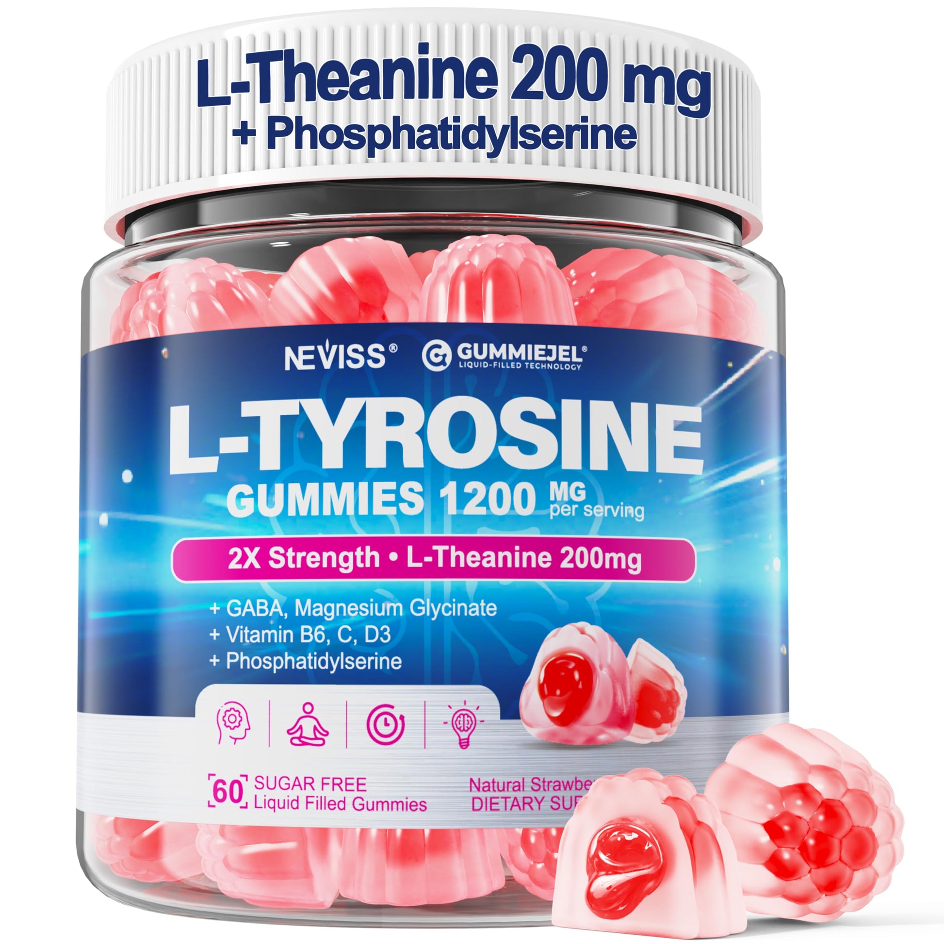 NEVISS L Tyrosine Gummies 1200mg Plus GABA L-Theanine 200mg, 60 Count