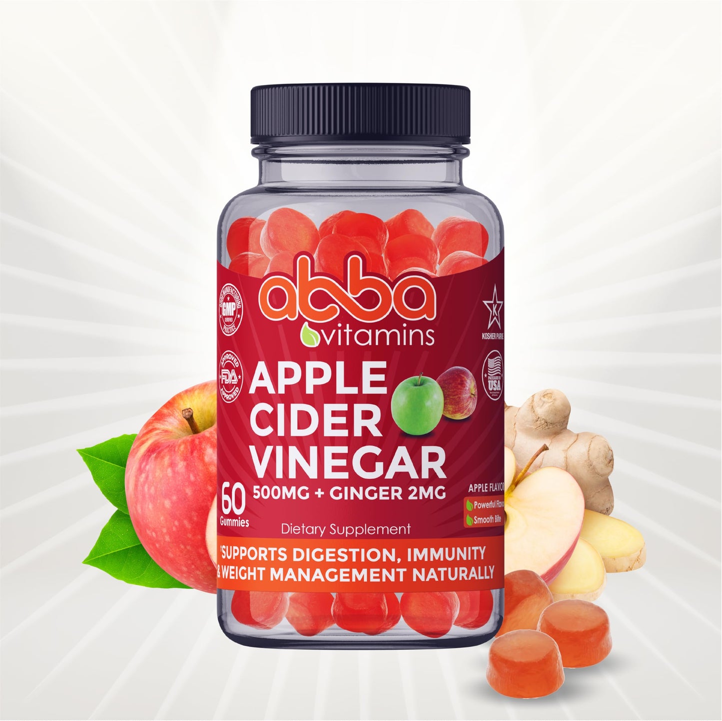 Abba Vitamins Apple Cider Vinegar with Ginger Gummy, 60 Count