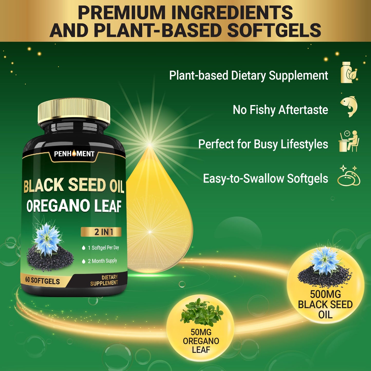 Penhoment Black Seed Oil with Oil of Oregano 550 mg Softgels, 60 Count