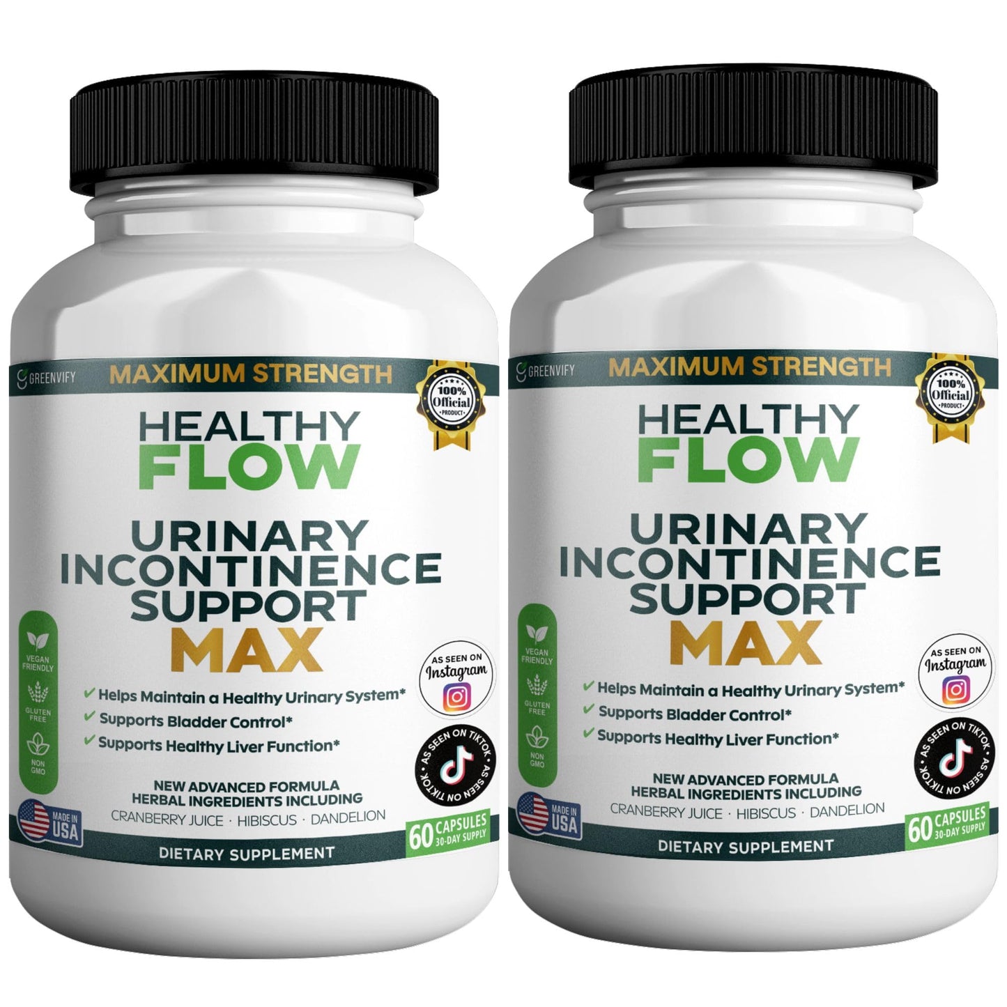 GREENVIFY Healthy Flow Urinary Incontinence Support Max Cranberry Juice Hibiscus Dandelion Formula Capsules, 60 Count