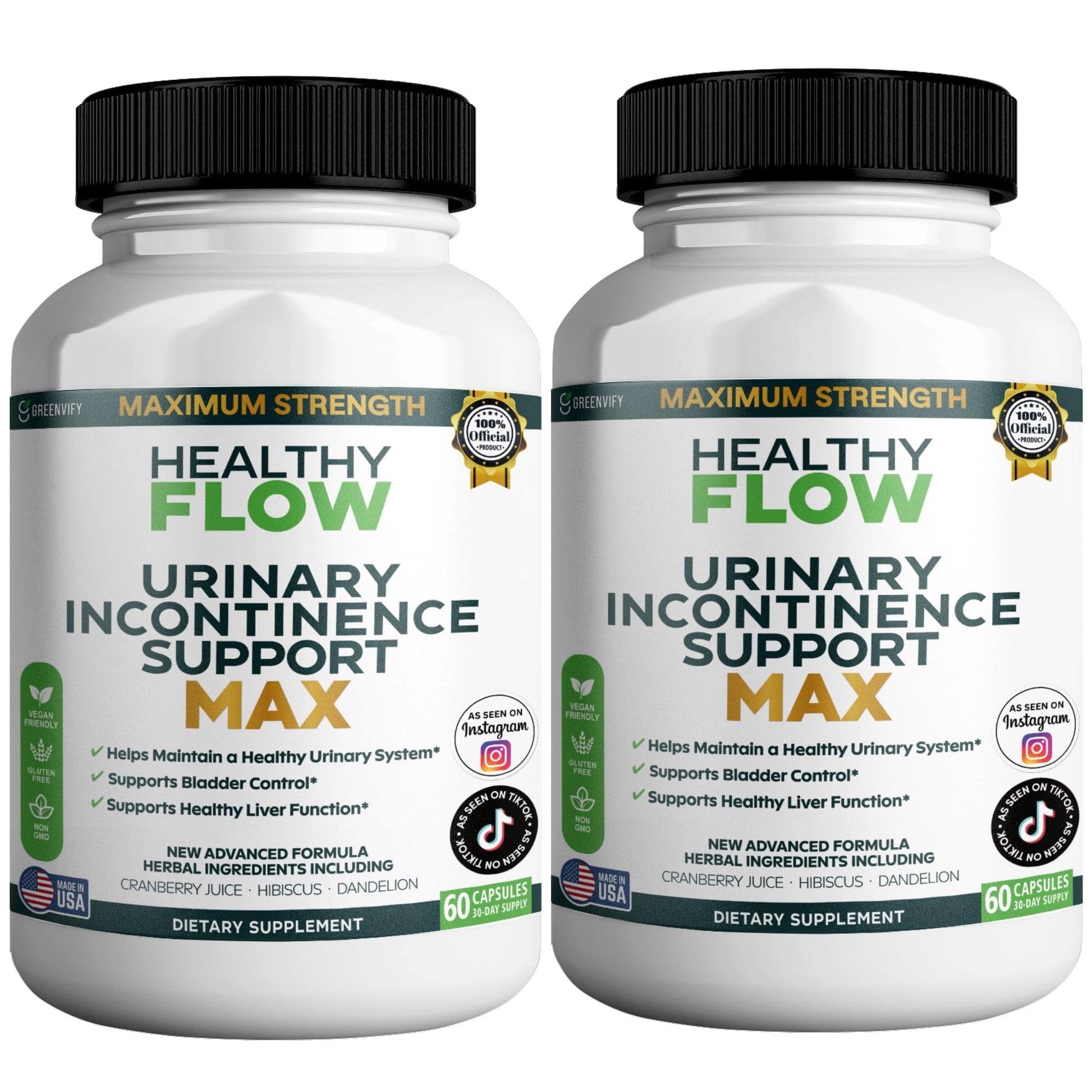 GREENVIFY Healthy Flow Urinary Incontinence Support Max Cranberry Juice Hibiscus Dandelion Formula Capsules, 60 Count