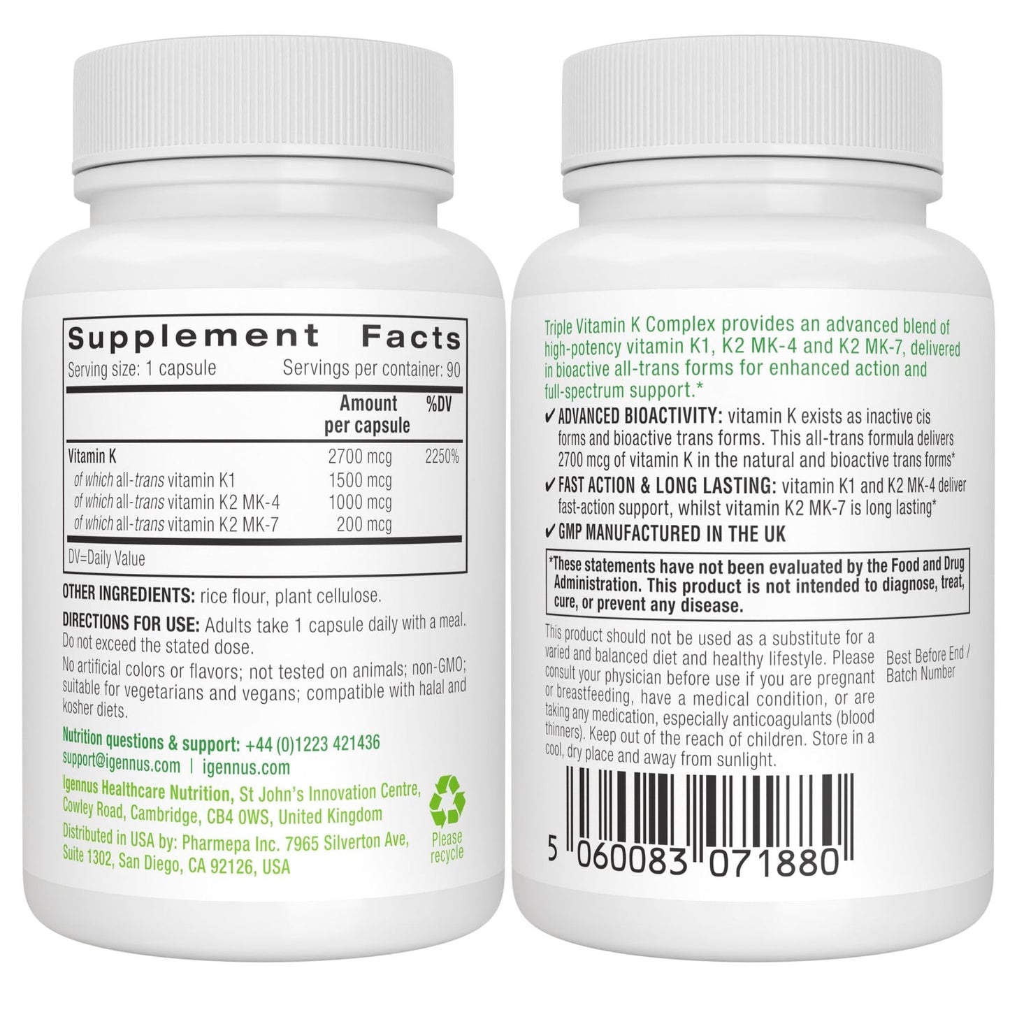 Igennus Healthcare Nutrition Full Spectrum Vitamin K Complex, K1 & K2 (MK-4 & MK-7) Capsules, 90 Count