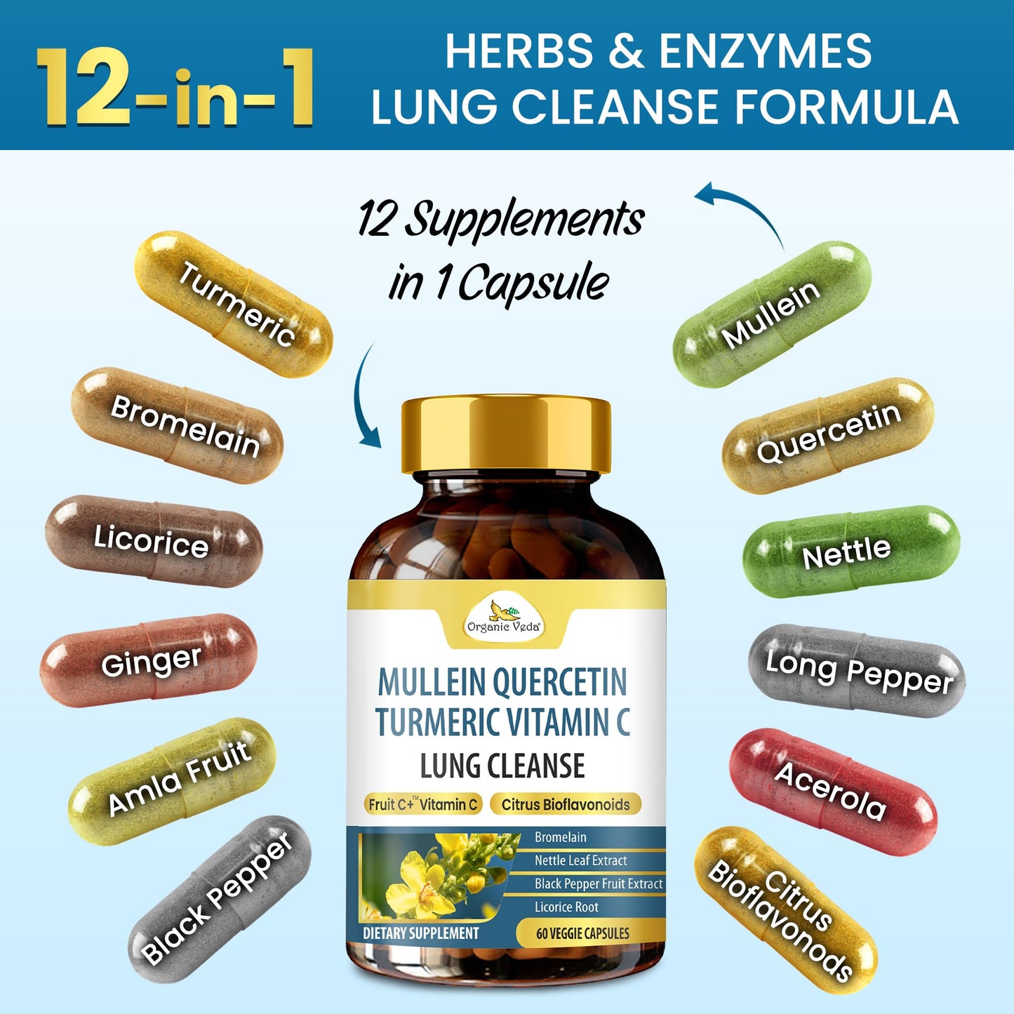 Organic Veda Mullein Quercetin Turmeric Lung Cleanse Capsules, 60 Count