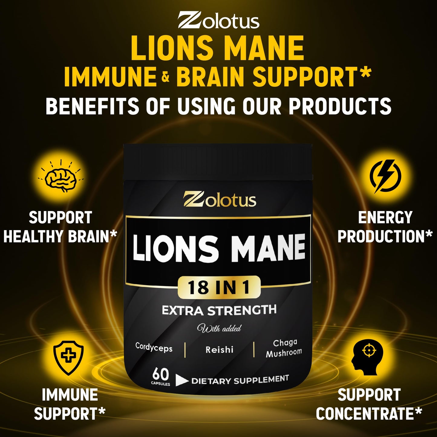 Zolotus Lions Mane Mushroom Capsules with Cordeyceps, Elderberry, Ginkgo Biloba, Bacopa, 60 Capsules