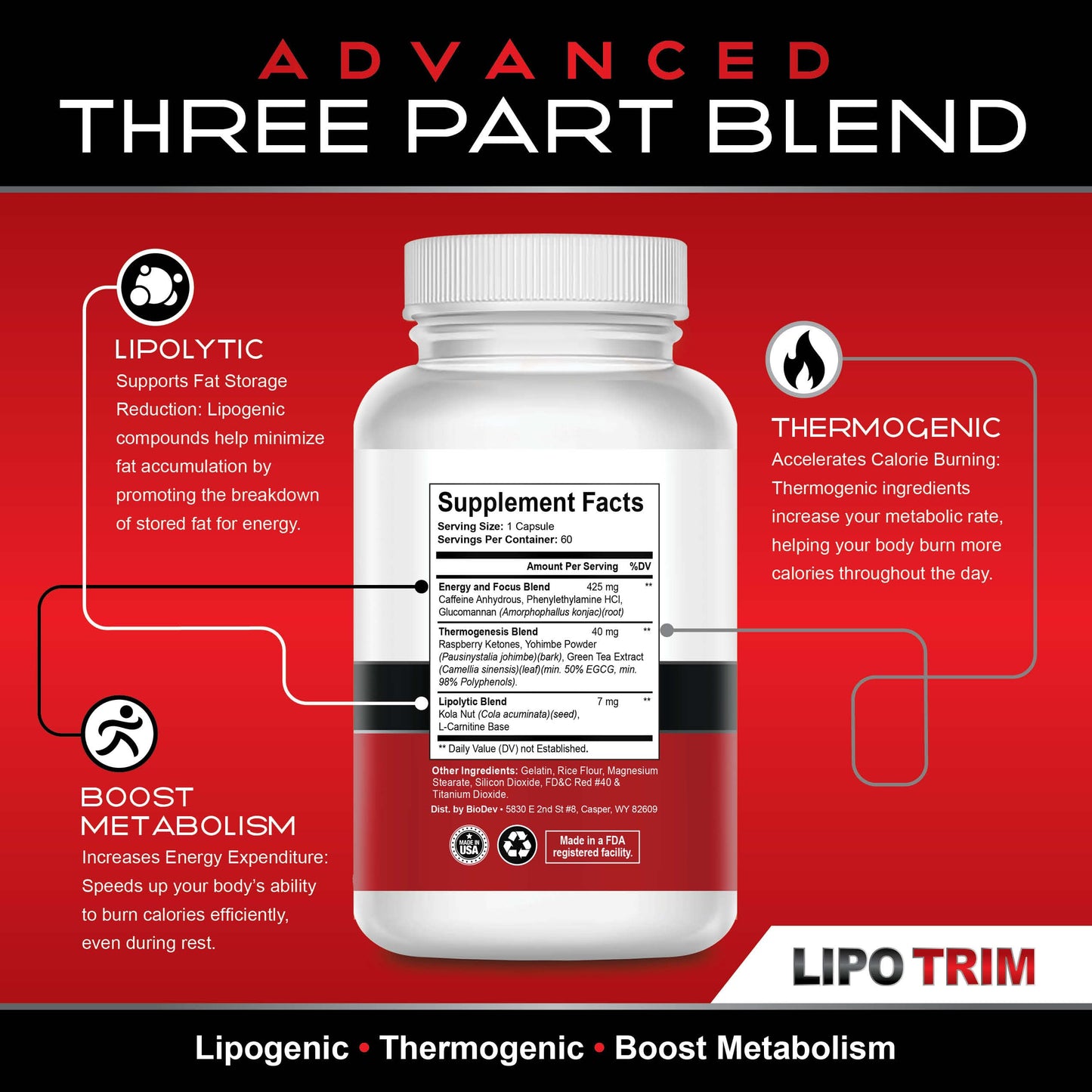 BIODEV Lipo Trim Advanced Lipogenic Thermogenic Diet Pills Capsules, 2 Bottles
