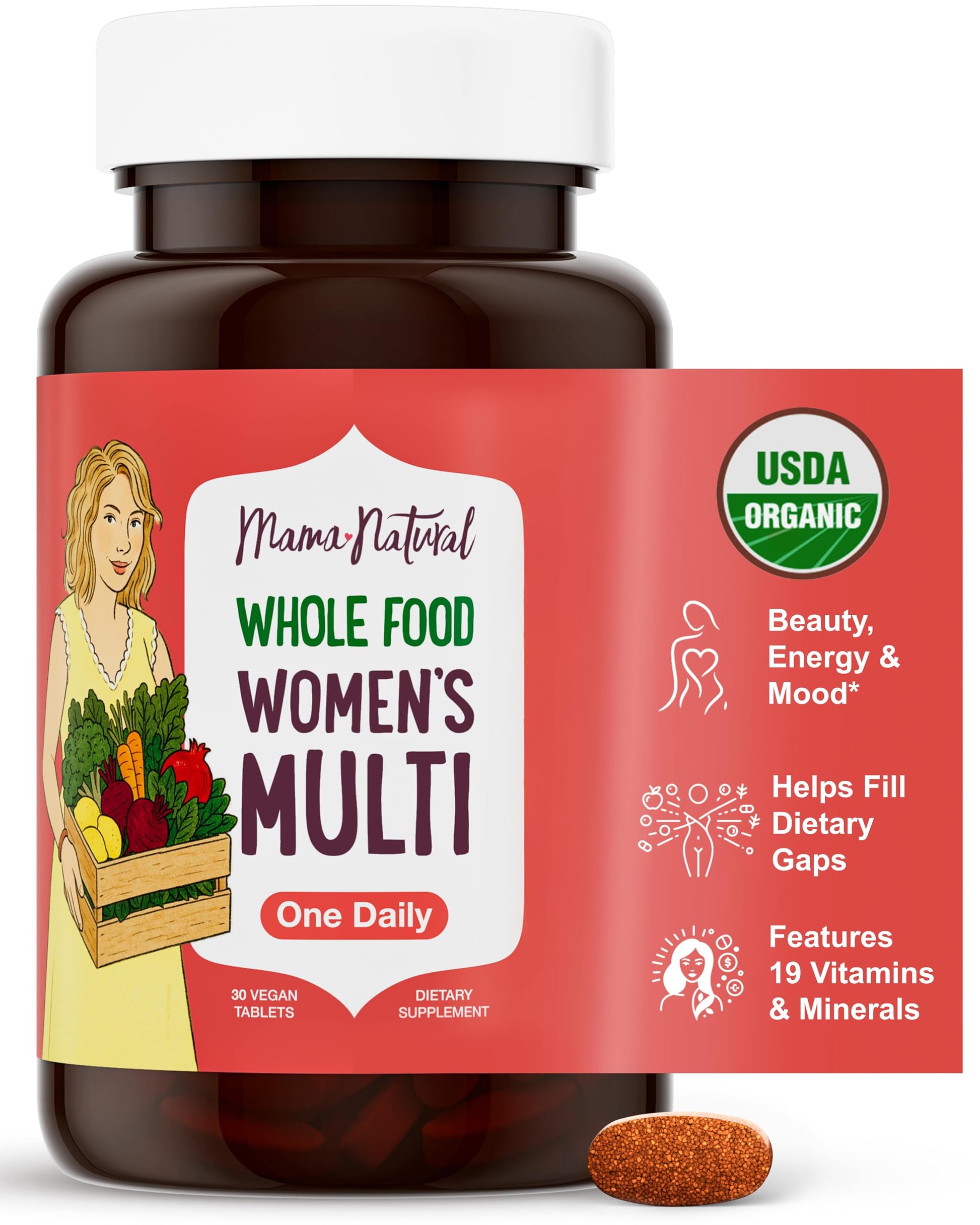 Mama Natural Organic Women's Multivitamin - Whole Food Based, 1 A Day Vegan Tablets, 30 Count
