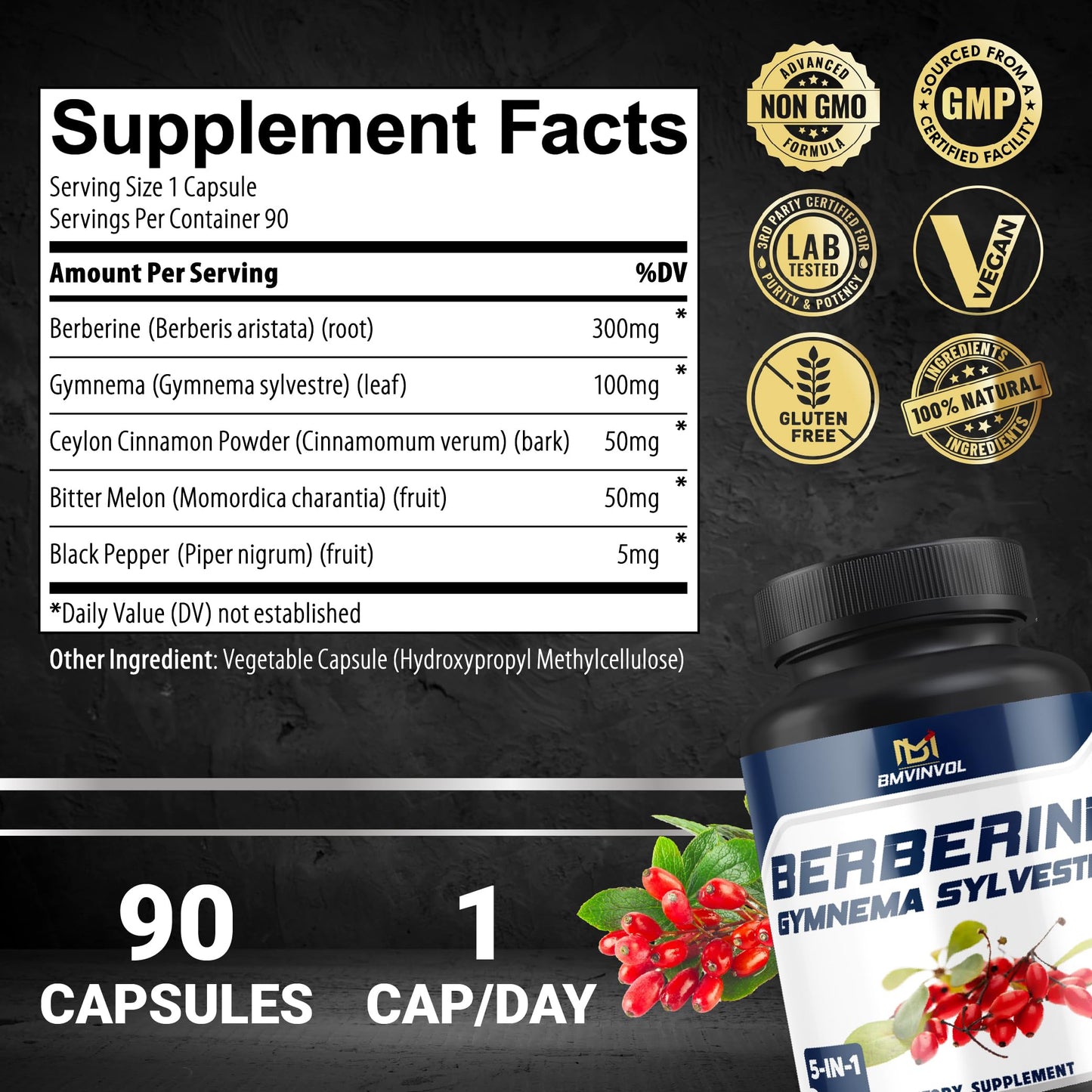 BMVINVOL 5-in-1 Berberine Supplement with Ceylon Cinnamon, Gymnema Sylvestre, Bitter Melon & Black Pepper Capsule 90 Count