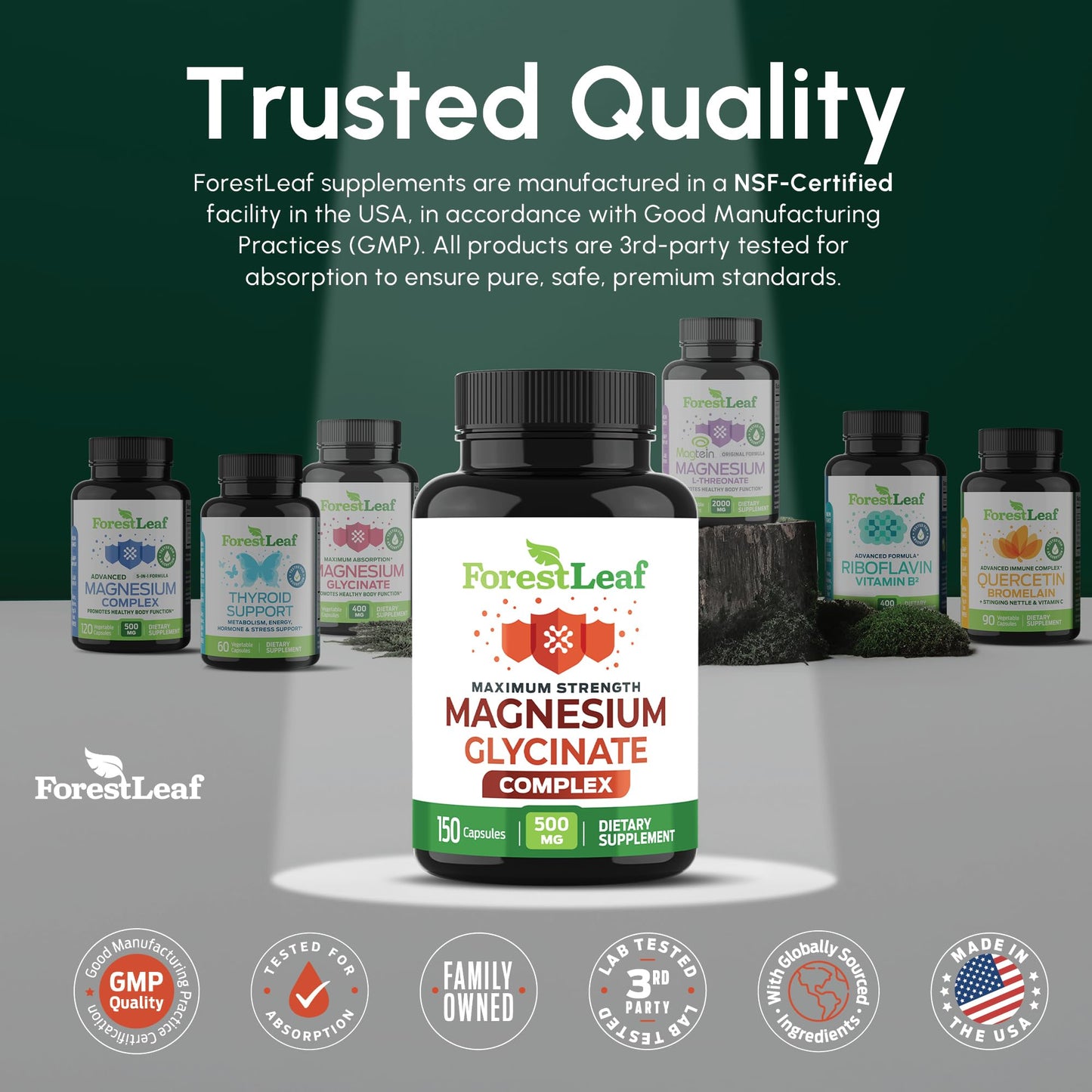 ForestLeaf Magnesium Glycinate 500mg Complex Capsules, 150 Count