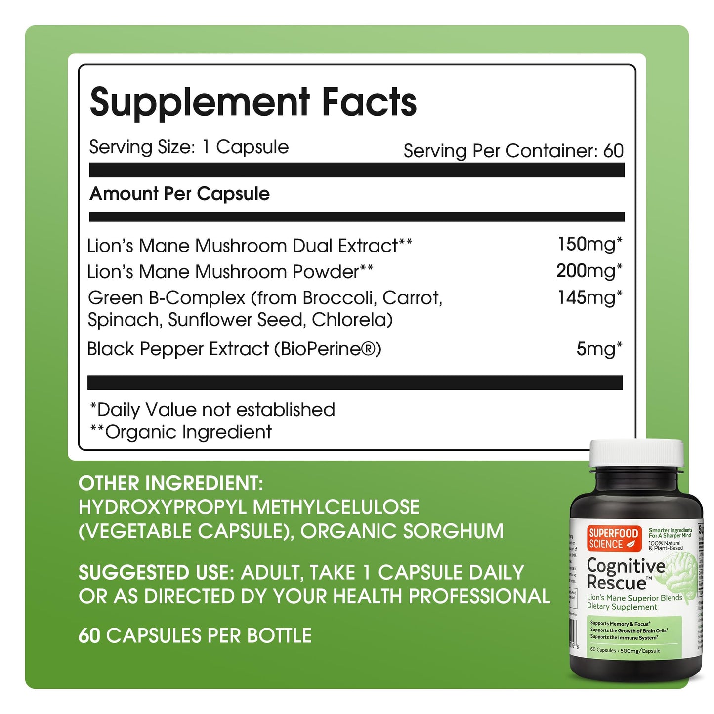 Superfood Science Cognitive Rescue Lion's Mane Mushroom Capsule, 60 Count