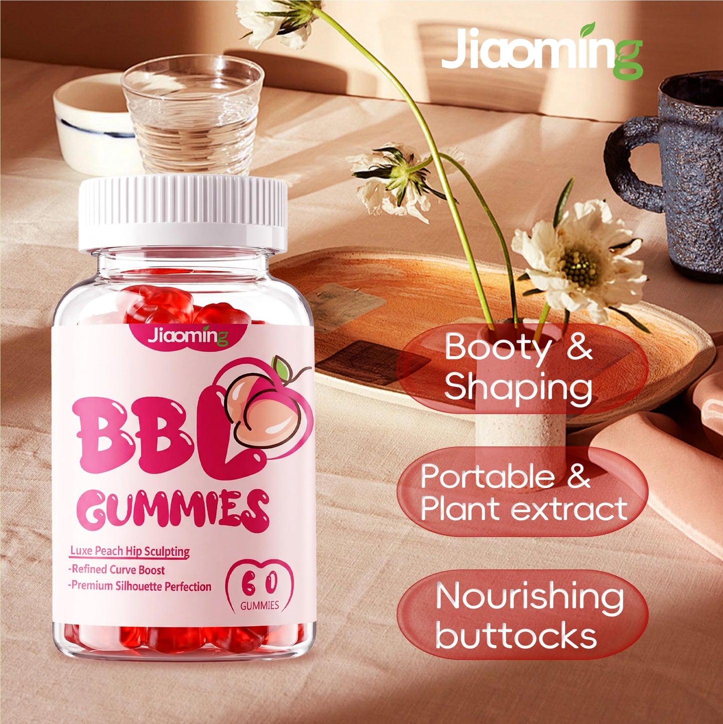 Jiaoming BBL Gummies for Bigger Butt Growth and Hips, Berry Flavor, 60 Gummies
