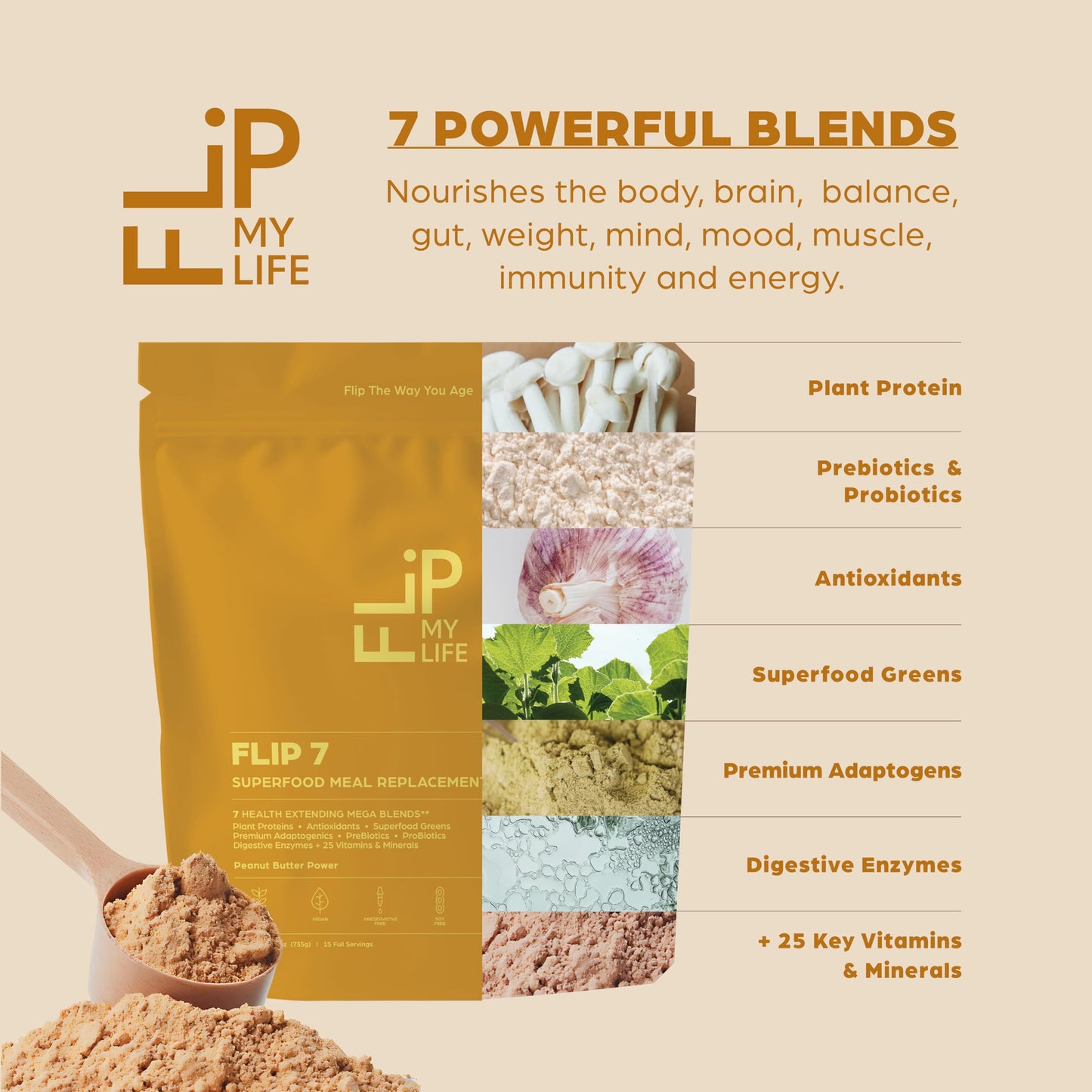 Flip My Life Flip 7 Natural SuperFood Plant-Based Protein Powder Complete Meal Replacement, Peanut Butter, 25.92 oz