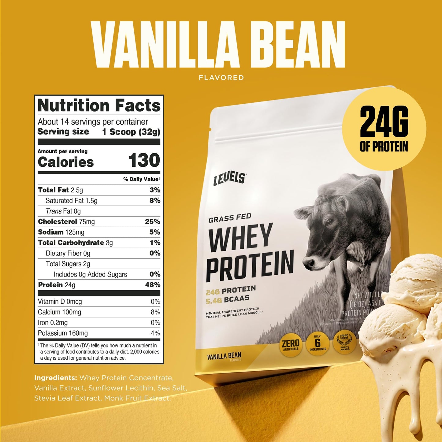 Levels Nutrition Whey Protein Powder Vanilla Bean 16 Servings, 1 lb