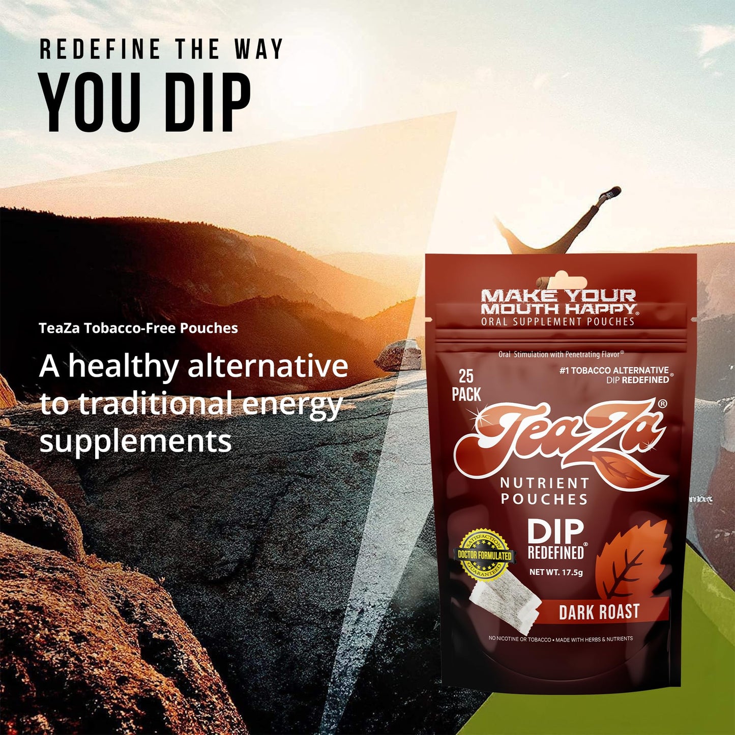TeaZa Energy Pouches, Tobacco-Free Nicotine-Free Dip, Dark Roast, 100 Pouches