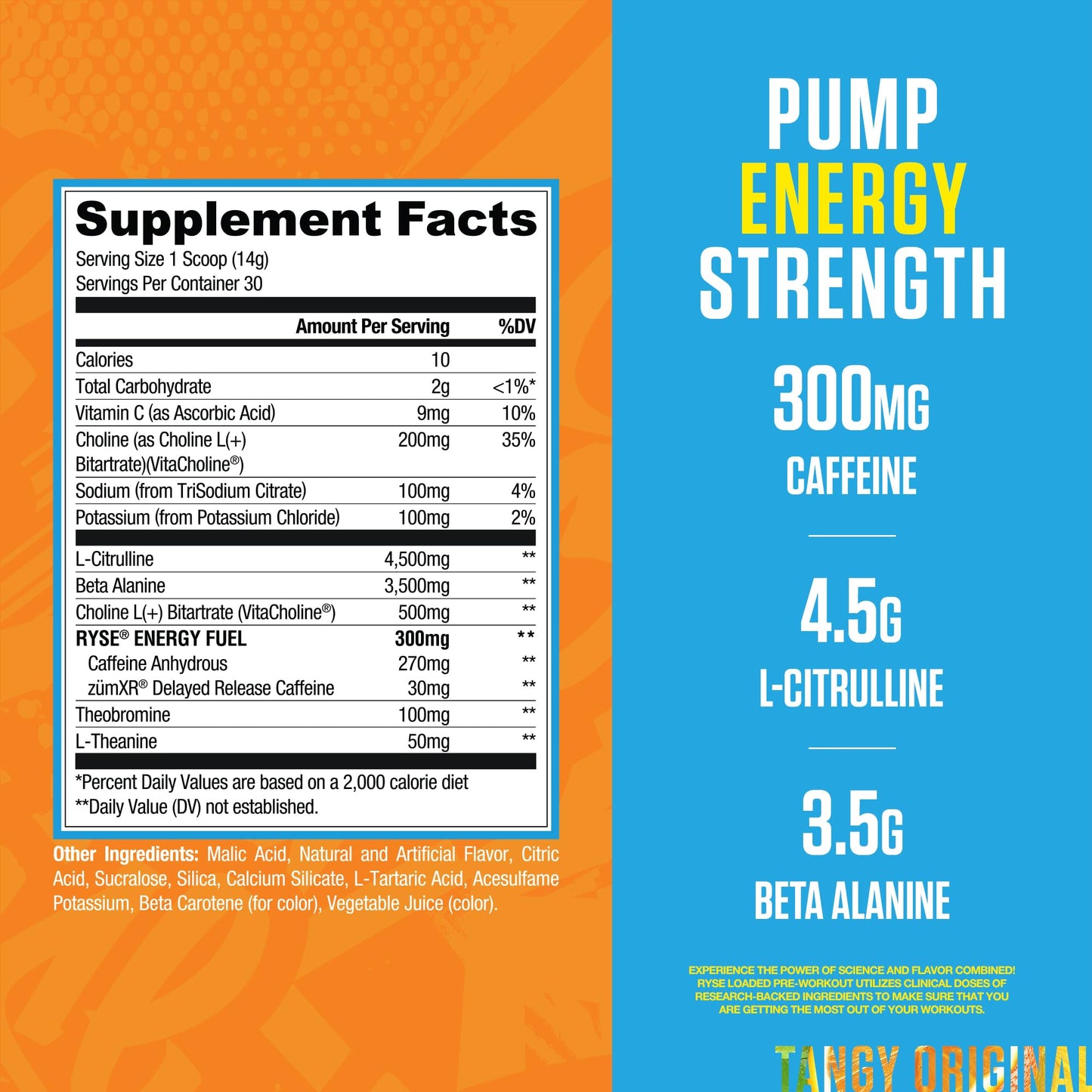 RYSE Up Supplements Loaded Pre Workout Powder SunnyD Tangy Original 15.3 oz
