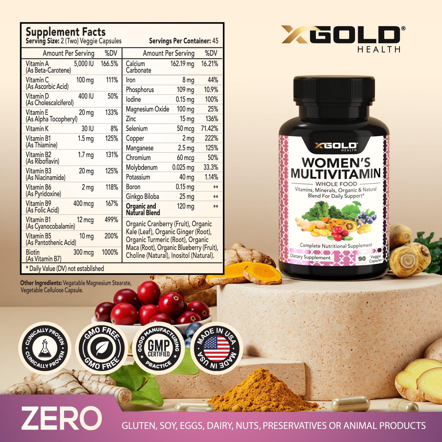 X Gold Health Vegan Women's Daily Multivitamin 50 Plus Organic WholeFood 90 Capsules