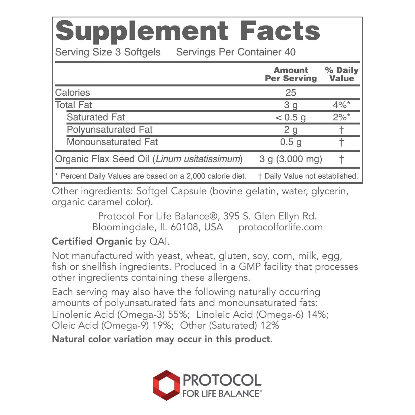 Protocol for Life Balance Flax Seed Oil 1000mg Organic Softgel, 120 Count