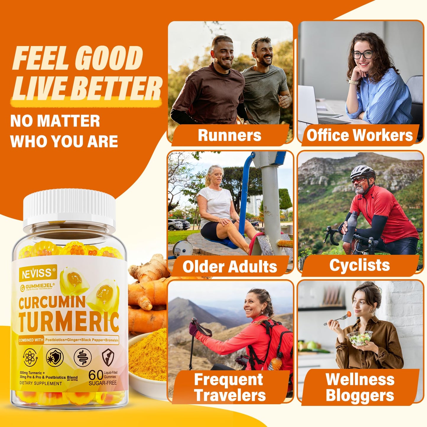 NEVISS Sugar Free Turmeric Curcumin Filled Gummy 550mg for Adults, Ginger & Black Pepper, 95% Curcuminoids, Prebiotic Probiotic & Postbiotic Blend, Vegan, 60 Count