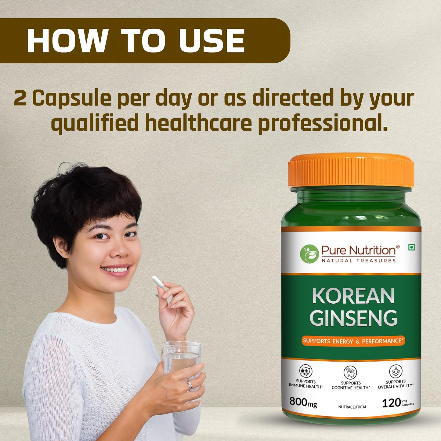 Pure Nutrition Natural Treasures Korean Ginseng 800mg Capsule 120 Count