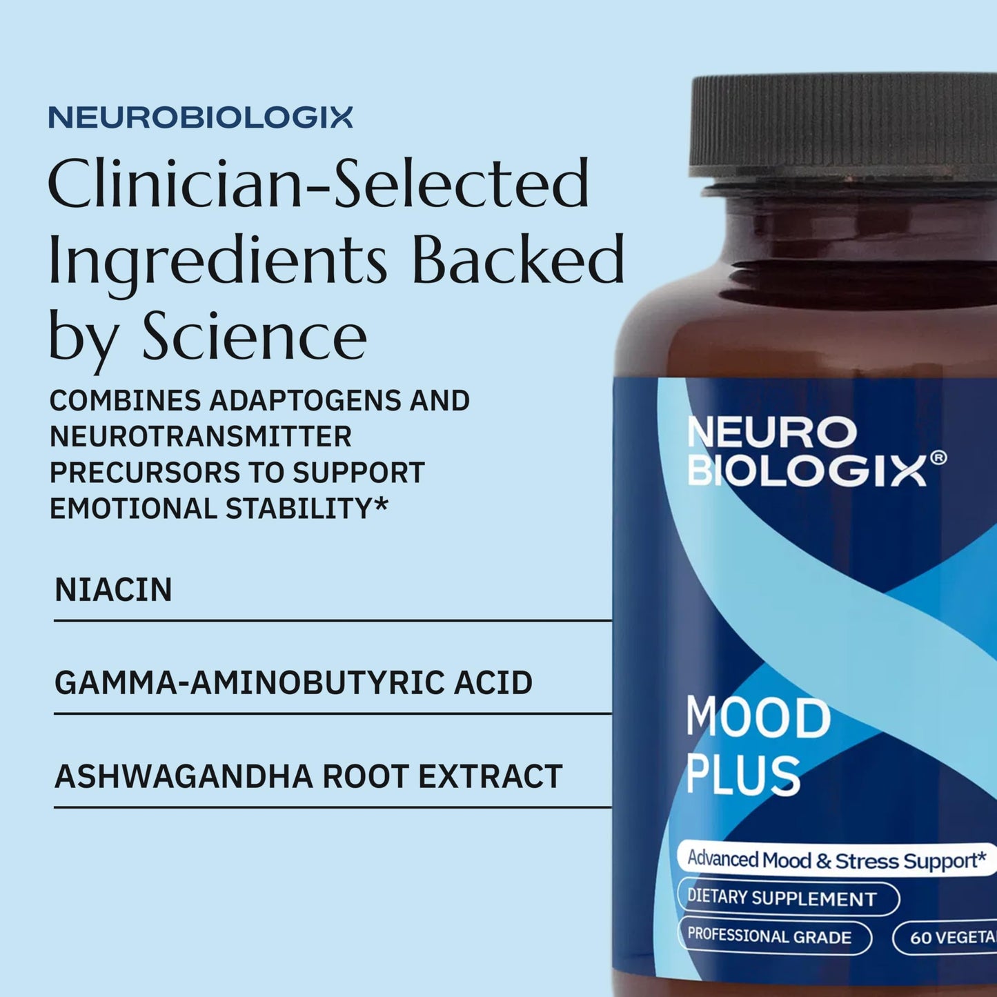 Neurobiologix Mood Plus, GABA, 5-HTP & Ashwagandha Supplement, 60 Capsules