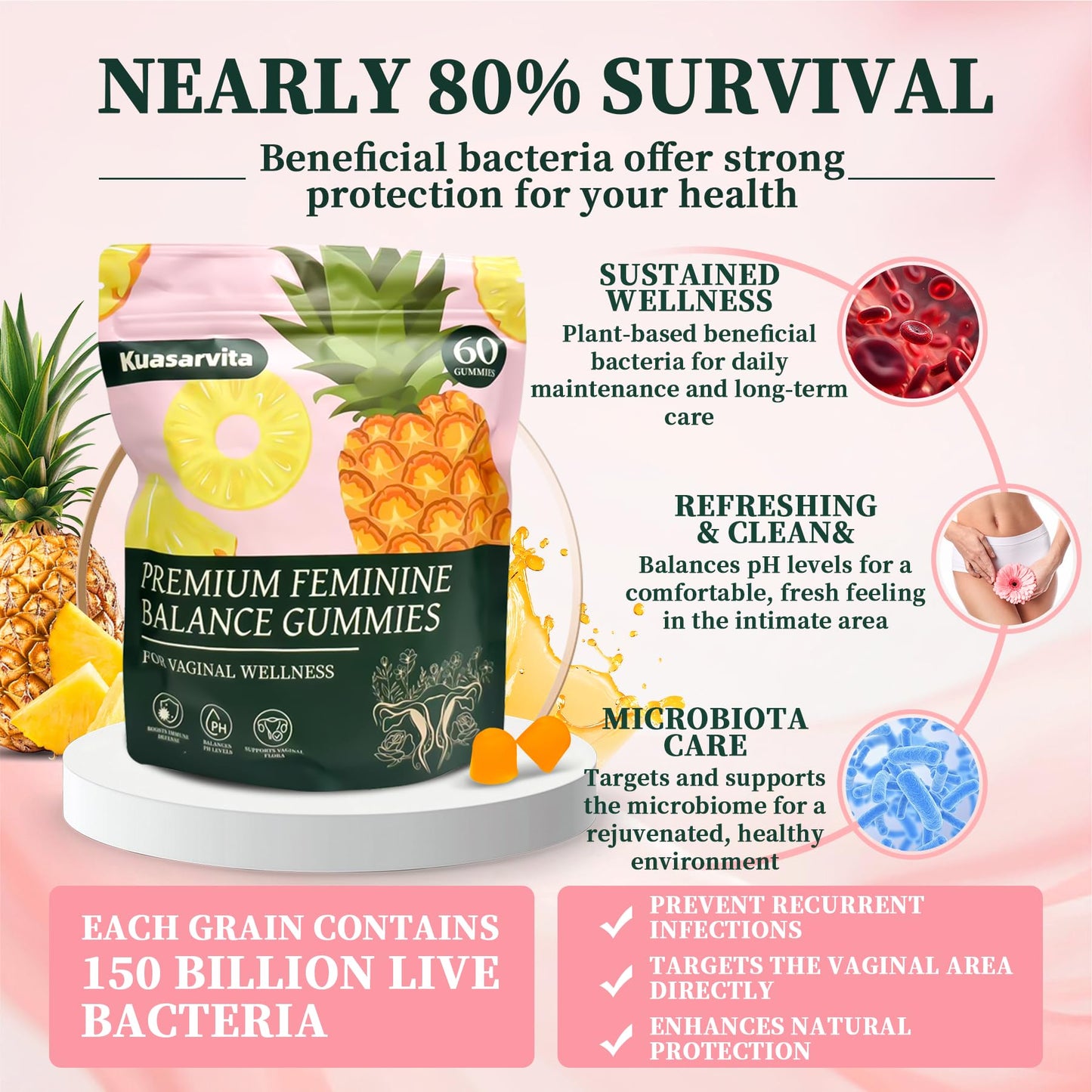 Kuasarvita Premium Feminine Balance Gummies for Women, Vaginal Probiotics, PH Balance, Pineapple Flavor, 60 Gummies