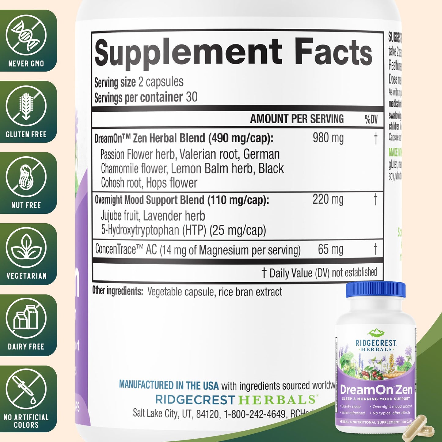 RidgeCrest Herbals DreamOn Zen Sleep Support, Melatonin Free Capsules, 60 Count