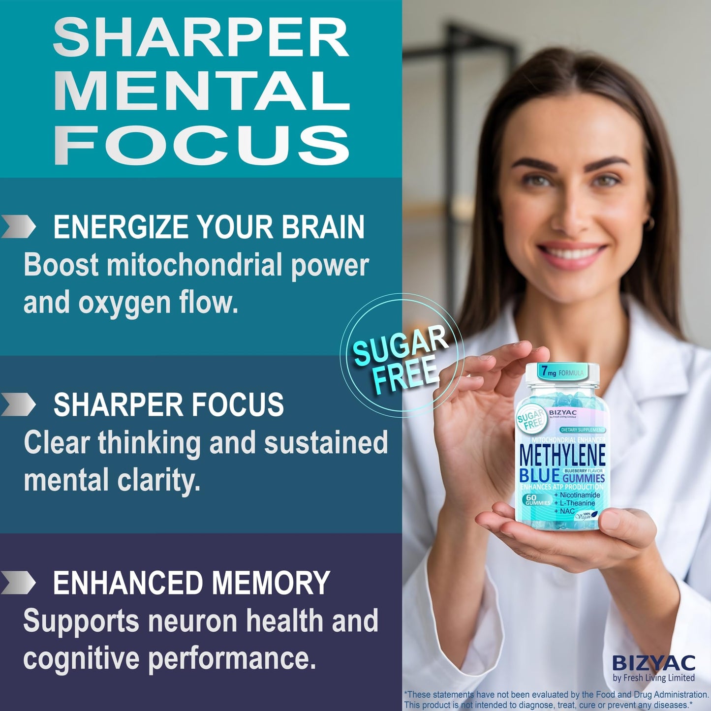 BIZYAC Methylene Blue Gummies 7mg with NAC, Vitamin B3 & L-Theanine, Brain & Mitochondrial Support, Sugar Free, 60 Count