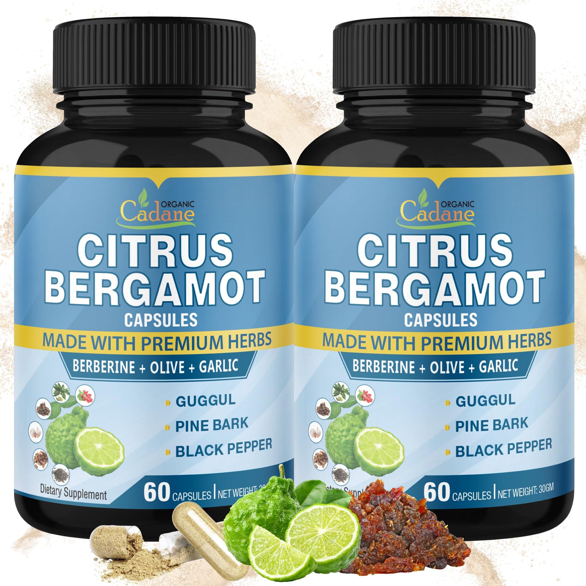 Organic Cadane Citrus Bergamot Extract Capsules with Berberine, Olive, Guggul, Garlic, Pine Bark, Black Pepper, 120 Capsules