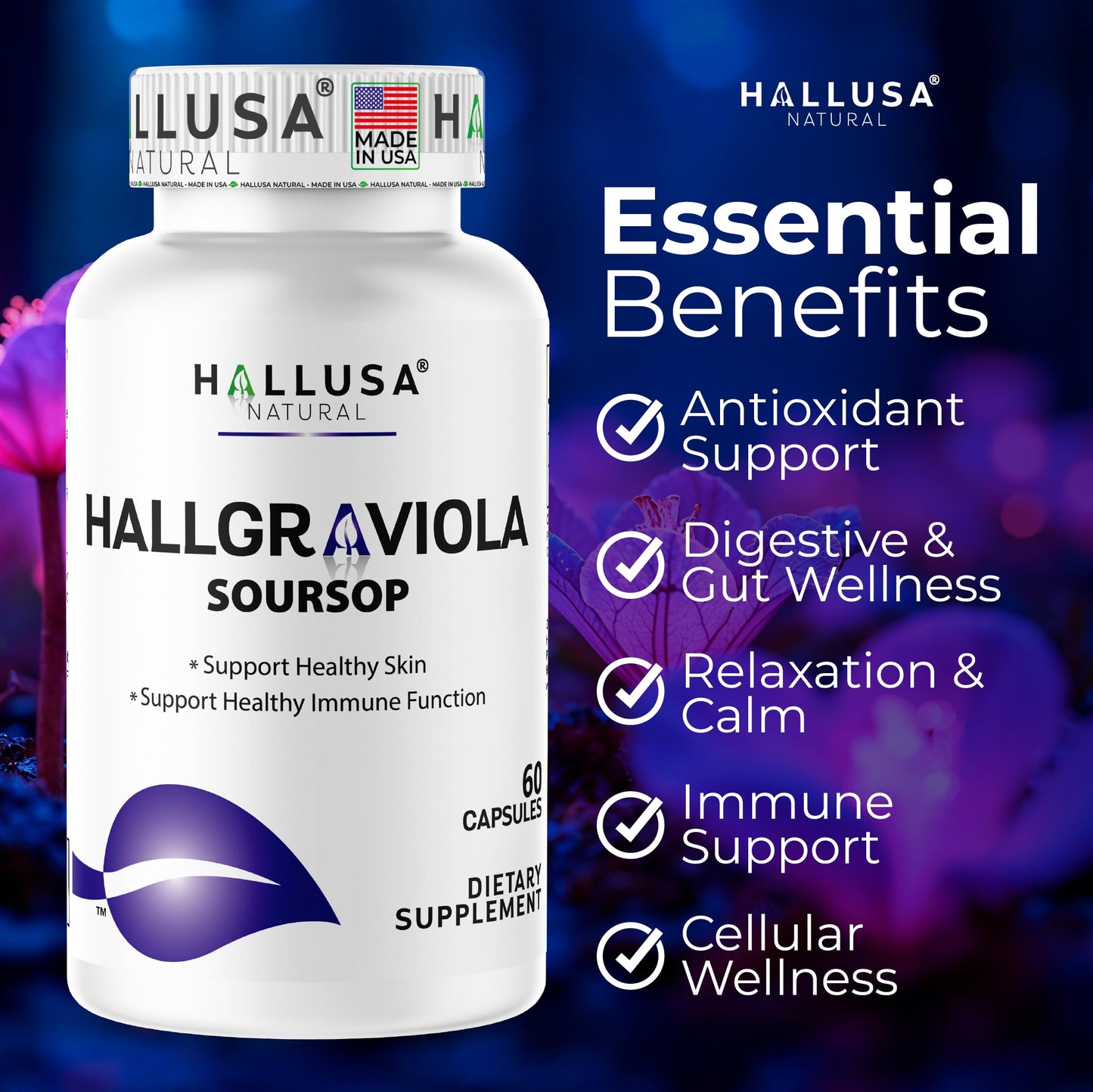 Hallusa Natural Graviola Leaf Capsules 800 mg, 60 Count