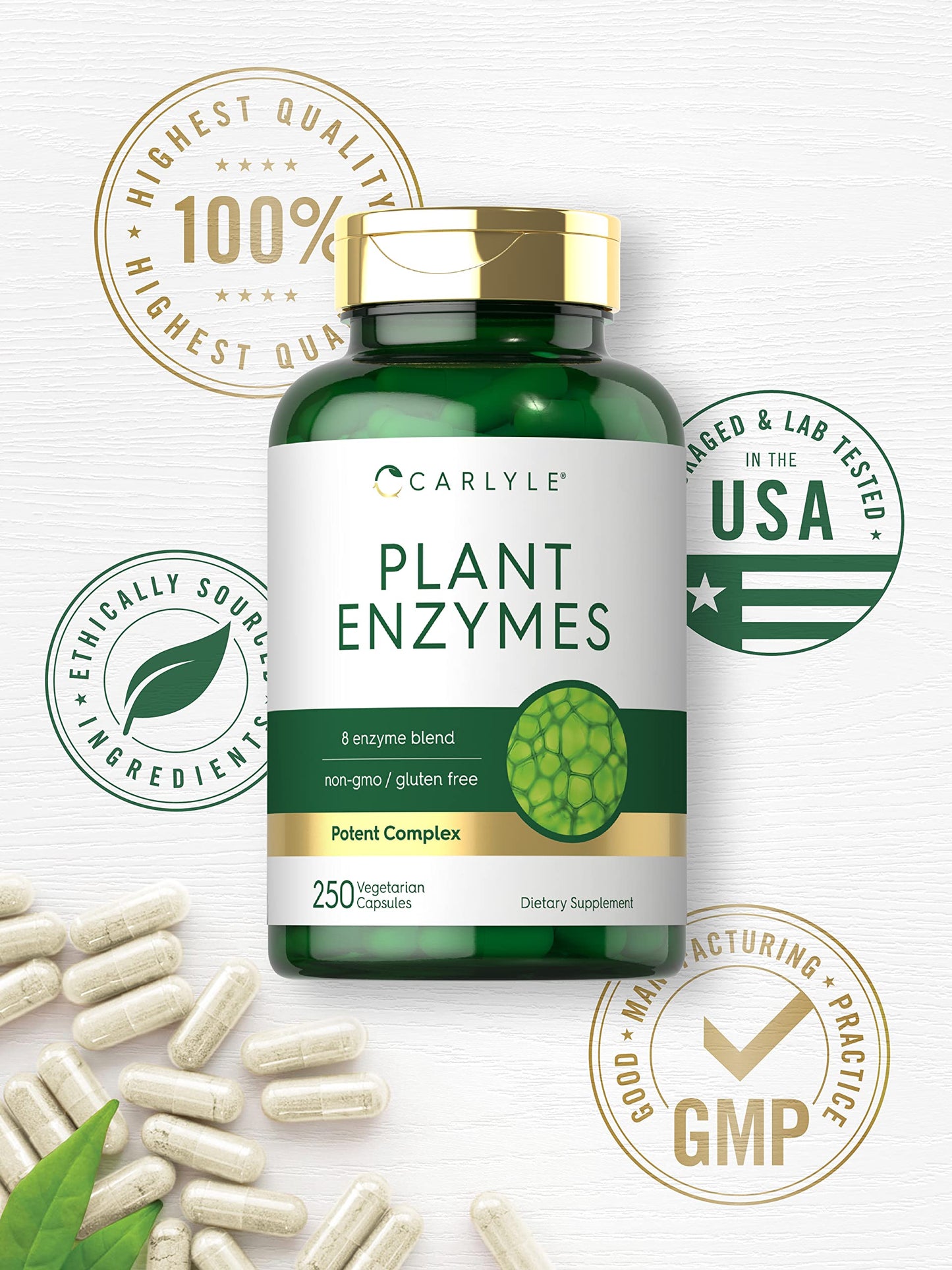 Carlyle Plant Enzymes with Protease, Papain, Lactase and Bromelain Capsules, 250 Count