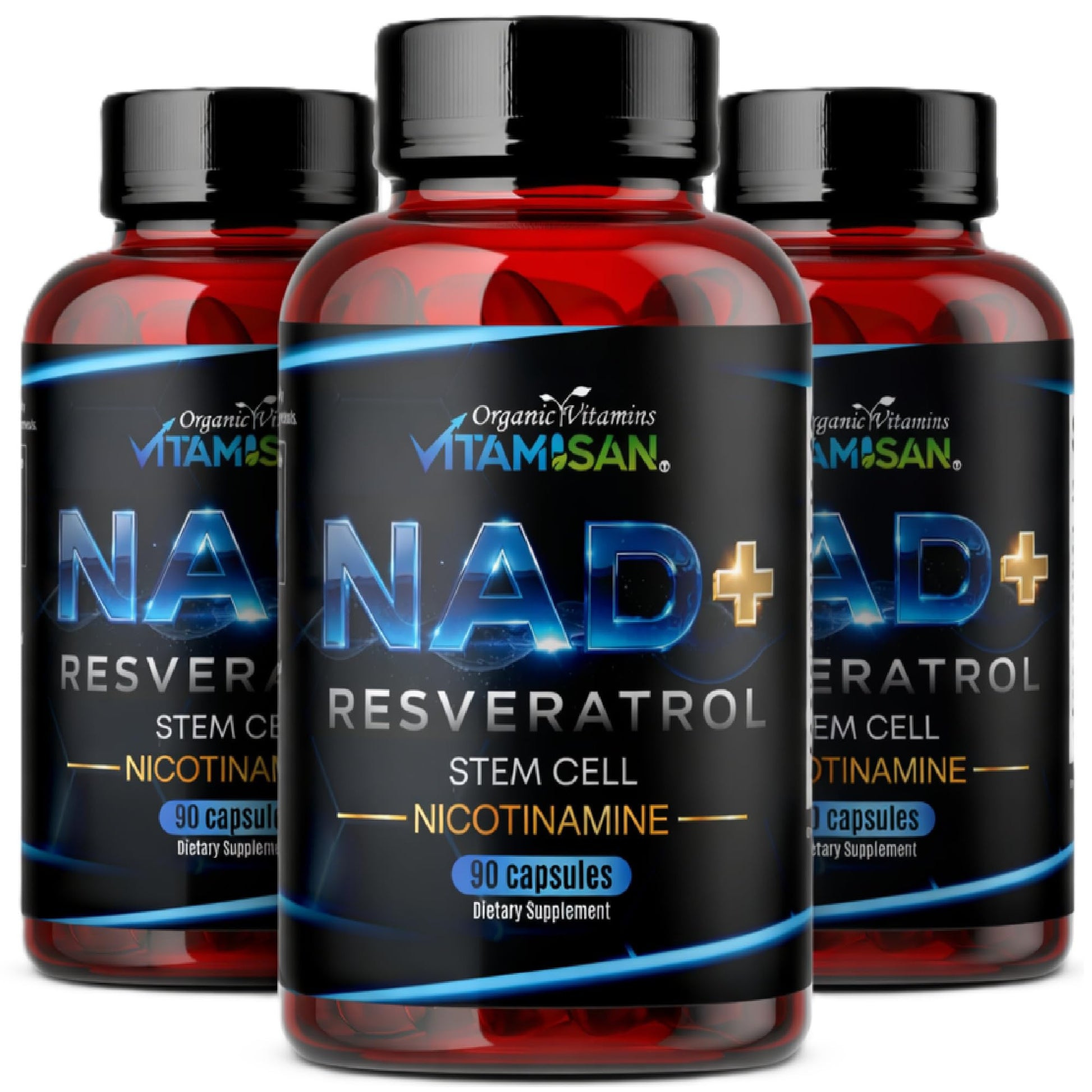 VITAMISAN NAD+ Resveratrol with NMN, NR & CoQ10 – Cellular Energy Support, Anti-Aging & Antioxidant Formula – Stem Cell & Nicotinamide Supplement, 90 Capsules