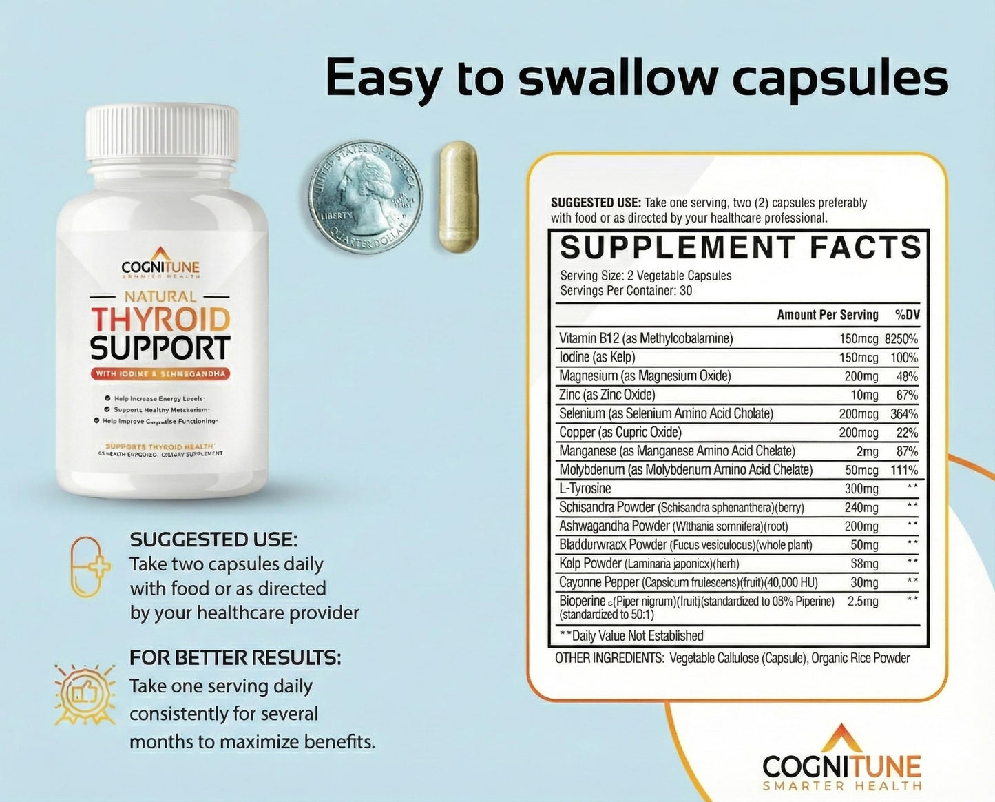 CogniTune Thyroid Support Supplement for Women and Men - Complete 14 Ingredient Formula with Iodine Selenium and B12 - Supports Natural Energy Metabolism and Mental Focus Capsule, 60 Count