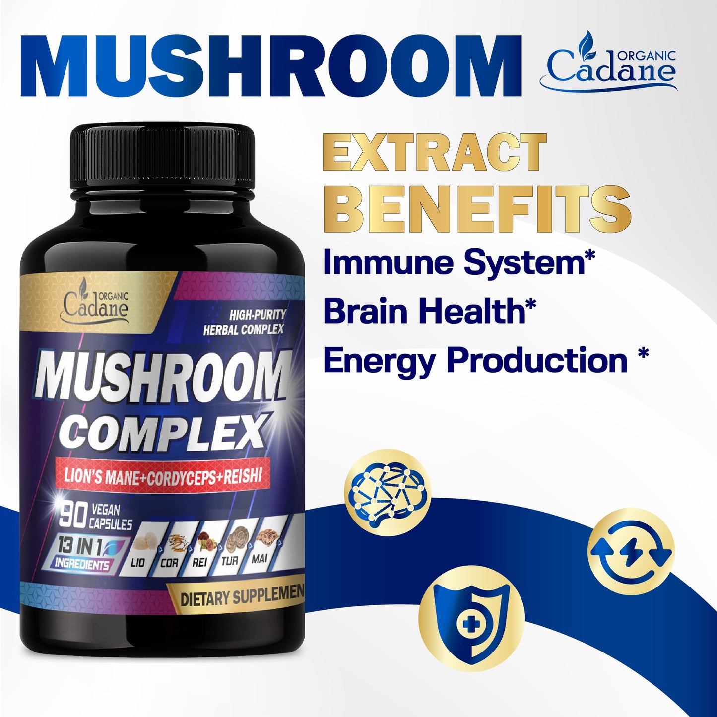 Organic Cadane Mushroom Complex Supplements - 13in1 with Lions Mane Mushroom, Bacopa, Reishi & More - 90 Capsules