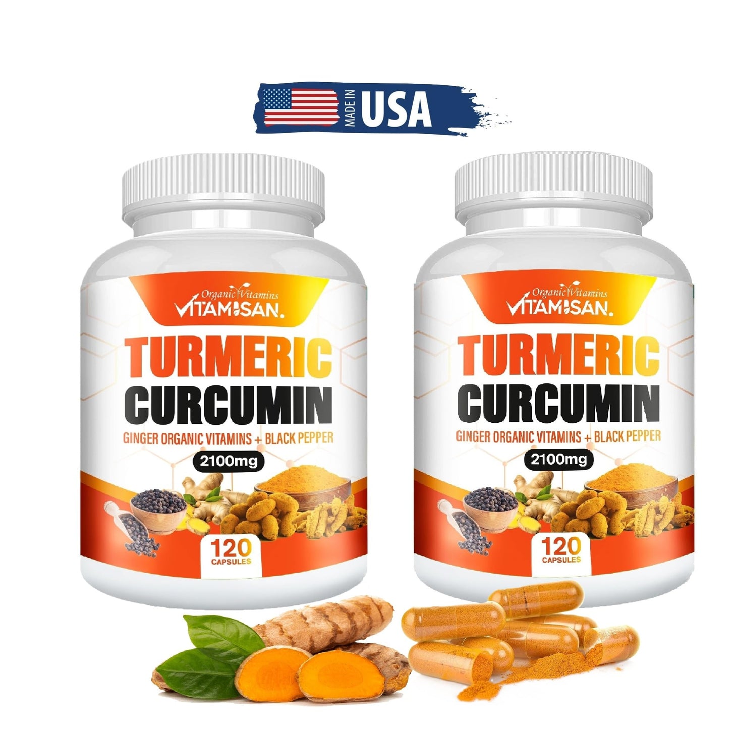 VITAMISAN Turmeric Curcumin 2100mg with Ginger & Black Pepper, 240 Capsules