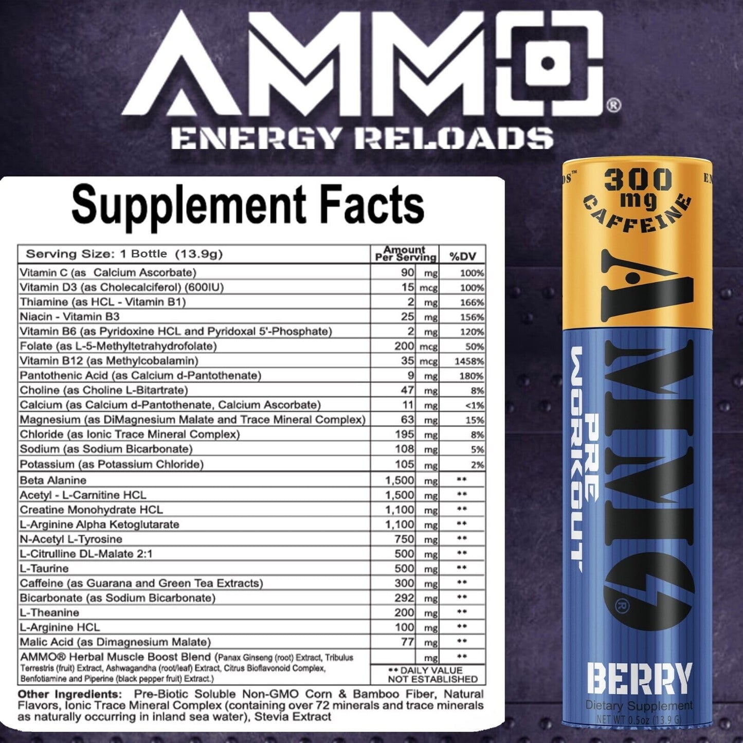 AMMO Pre Workout Berry Powder, 96 Servings