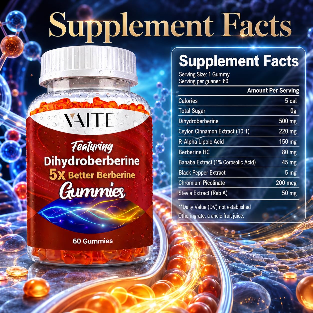 VAITE Dihydroberberine 5X Better Berberine HCl – 7-in-1 Advanced Complex for Enhanced Absorption Chewable Gummies, 60 Count