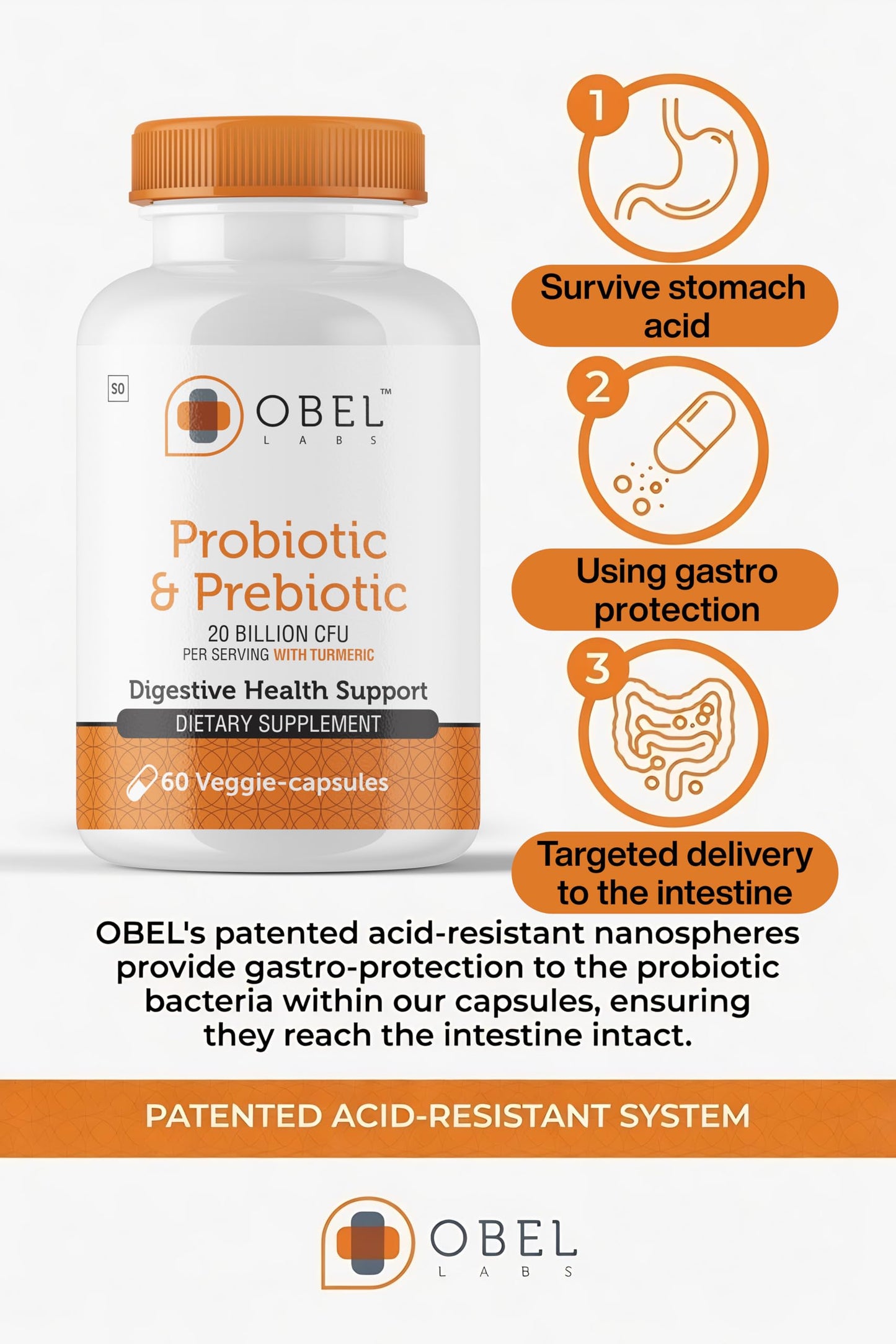 obel Probiotic & Prebiotic Supplement with Turmeric 20 Billion CFU, 4 Strains, 60 Capsules
