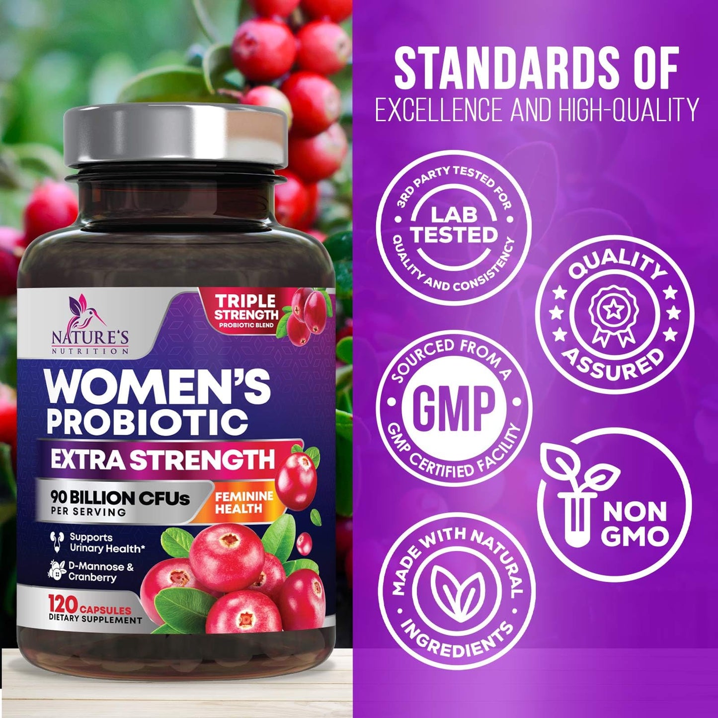 Nature's Nutrition Probiotics for Women Probiotic Blend 90 Billion CFU - 16 Strains, Cranberry & Prebiotics Capsules 120 Count