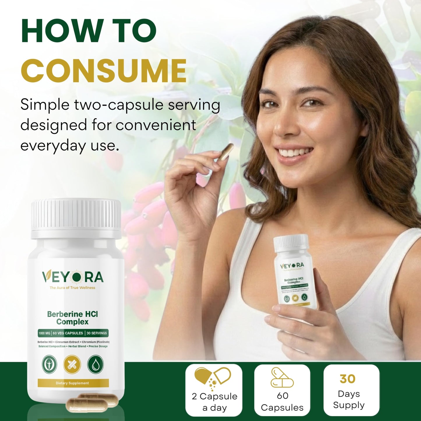 VEYORA Berberine HCl Complex 1000 mg, 60 Vegan Capsules