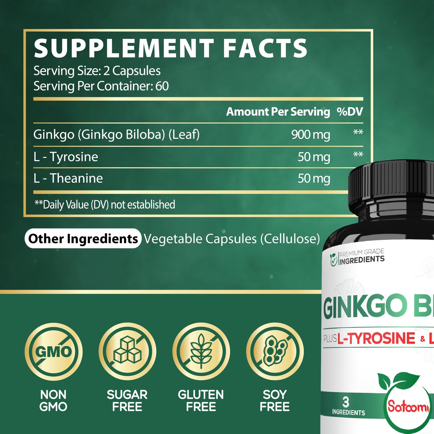 Satoomi 1000mg Ginkgo Biloba Supplements with L-Tyrosine, L-Theanine, 120 Capsules
