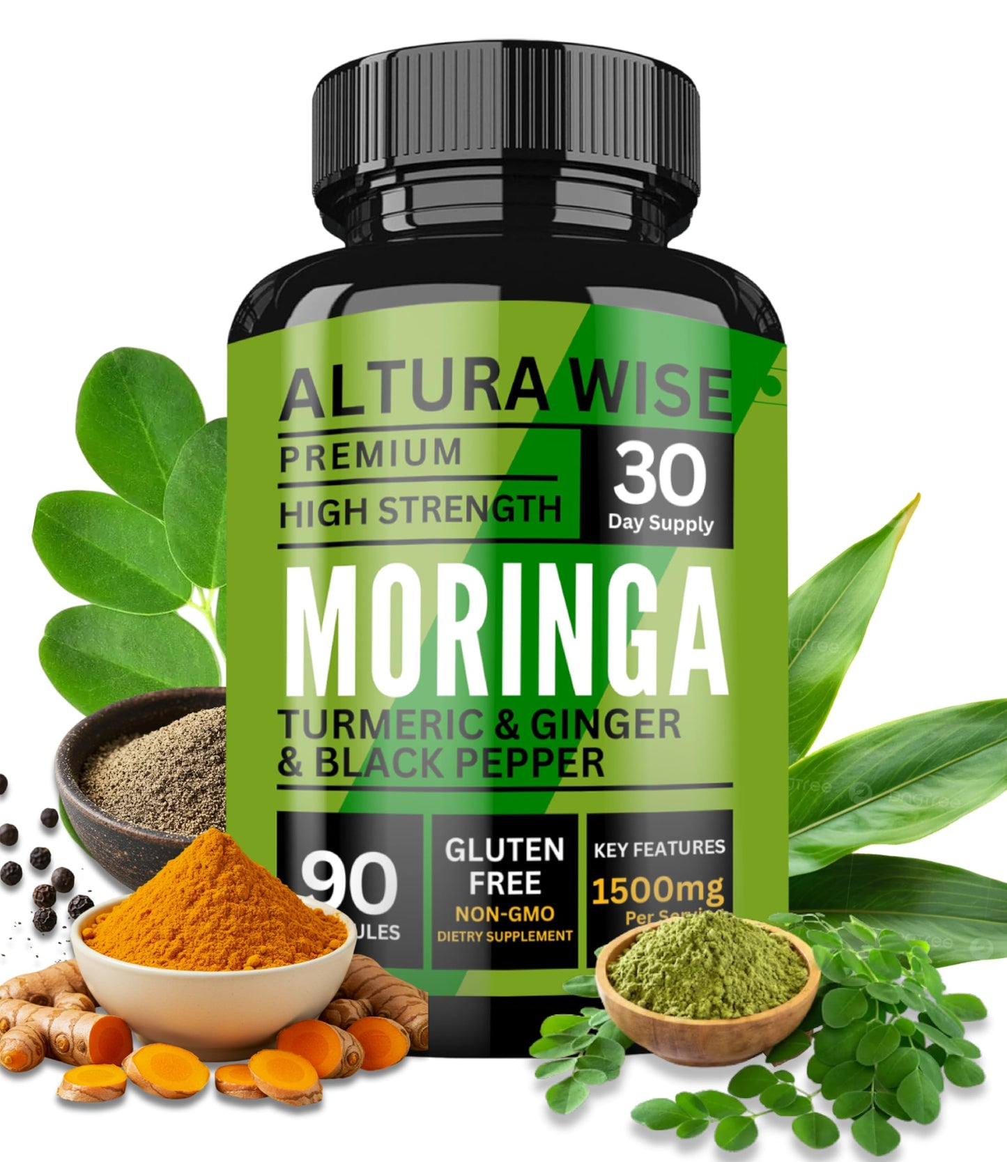 AlturaWise Moringa Capsules - Pure Moringa Oleifera Powder with Turmeric, Ginger & Black Pepper, 90 Capsules
