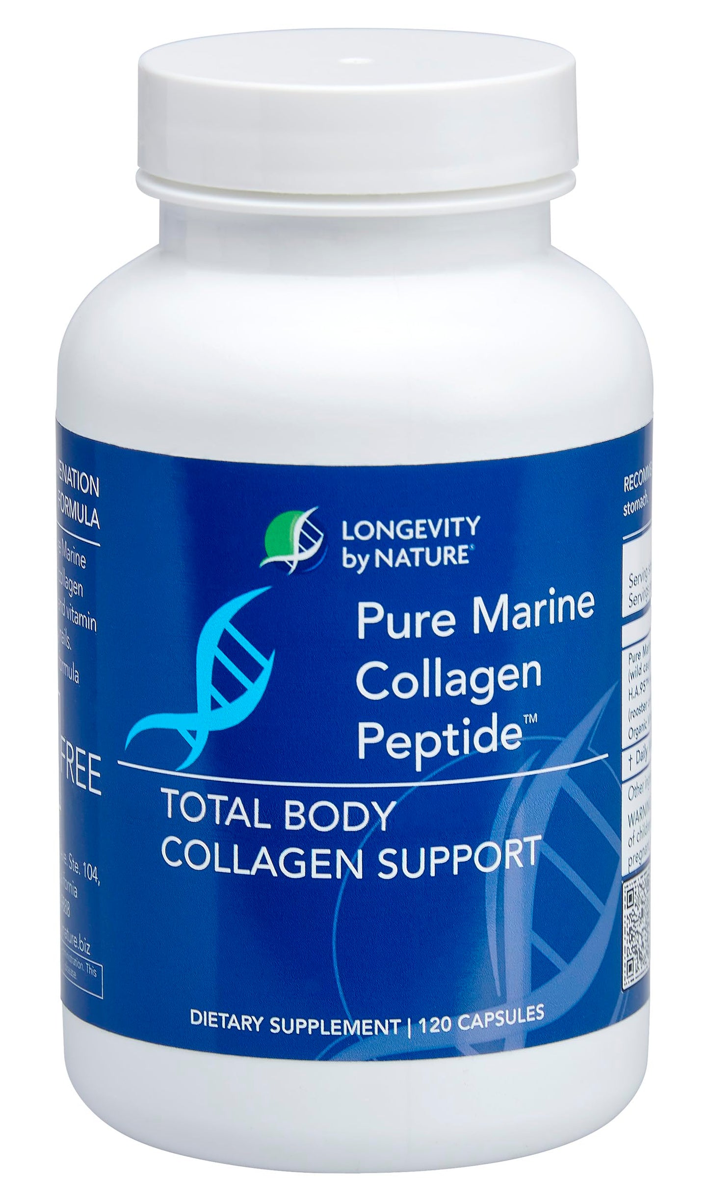 Longevity by Nature Marine Collagen Peptides Type I & III Skin, Hair & Nail Support, 120 Capsules