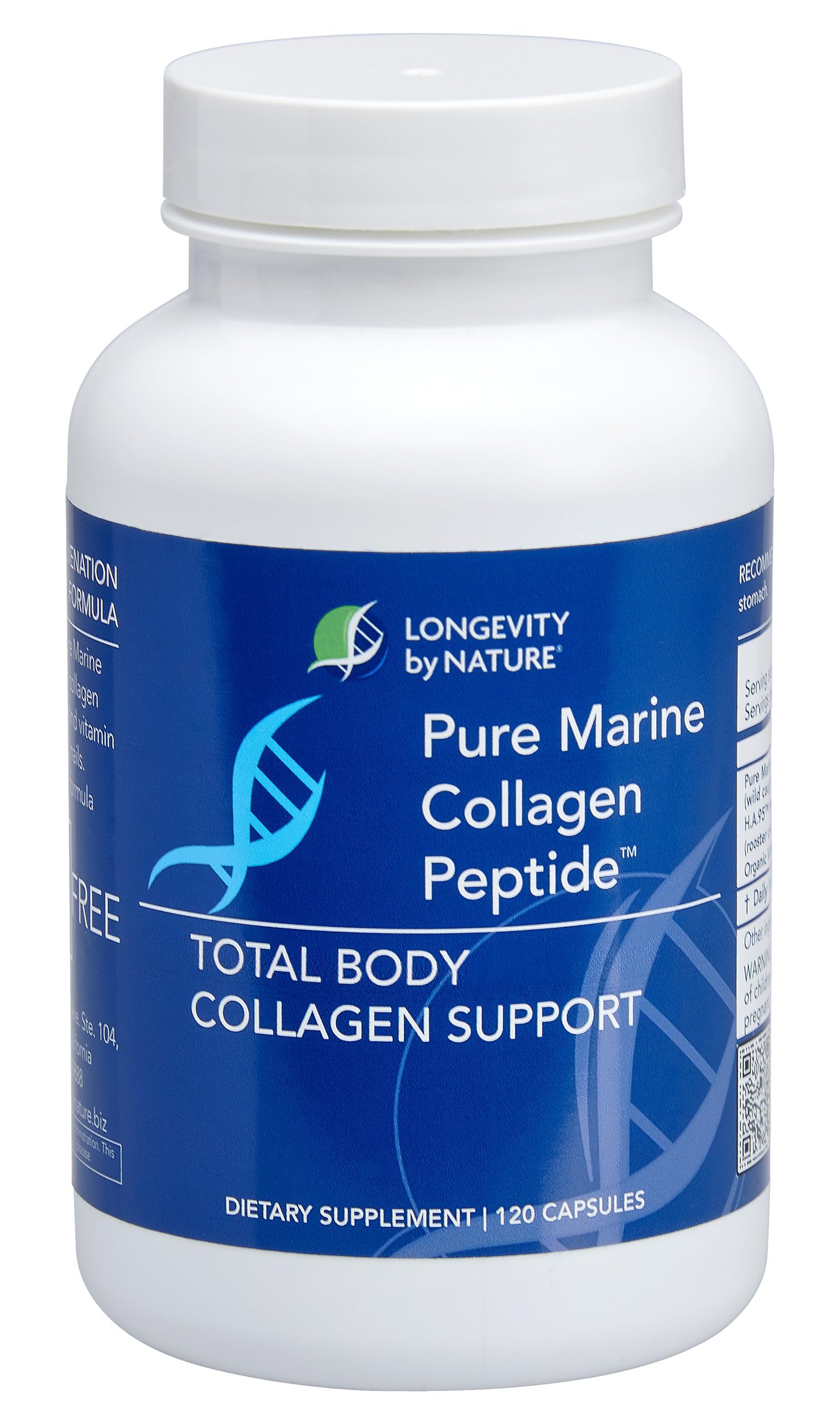 Longevity by Nature Marine Collagen Peptides Type I & III Skin, Hair & Nail Support, 120 Capsules